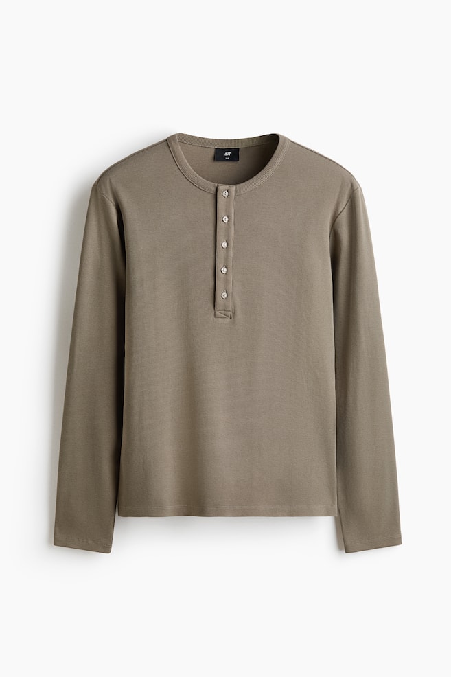 Slim Fit Ribbed Henley shirt - Khaki green/Dark khaki green/Cream/Beige - 1