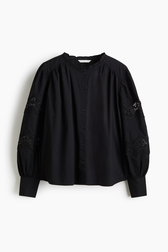 Lace Inset Cotton Blouse - Black - 1