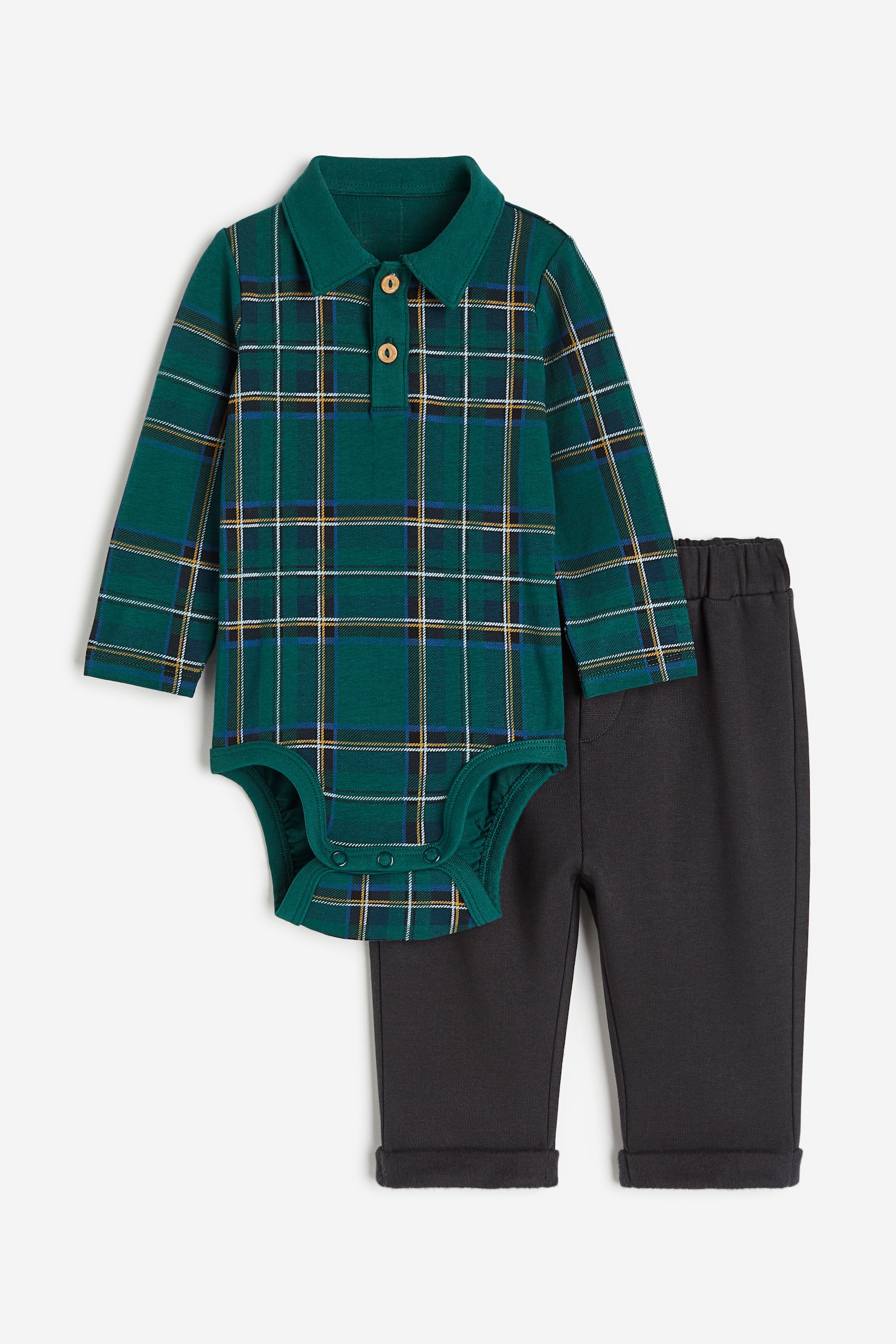 2-piece Bodysuit & Pants Set - Dark green/Check - 1