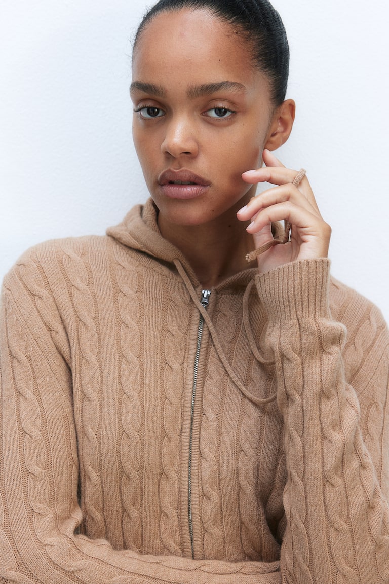 Cable-knit zip-through hoodie Dark beige Ladies H&M