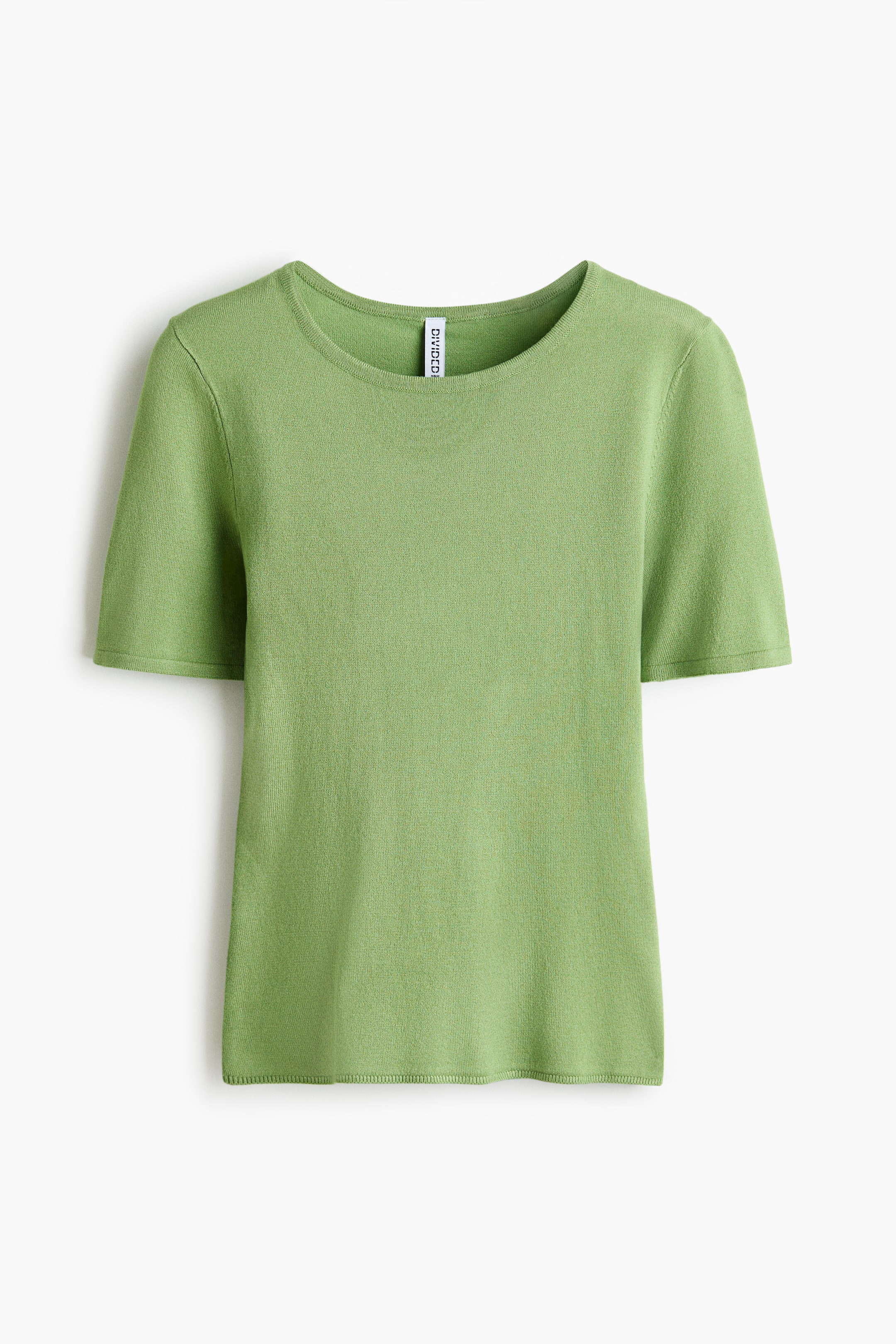 View larger image: A green fitted t-shirt is showcasing its front view, featuring a fine knit texture, a round neckline, short sleeves, and ribbed trim on the neckline, sleeve cuffs, and hem.