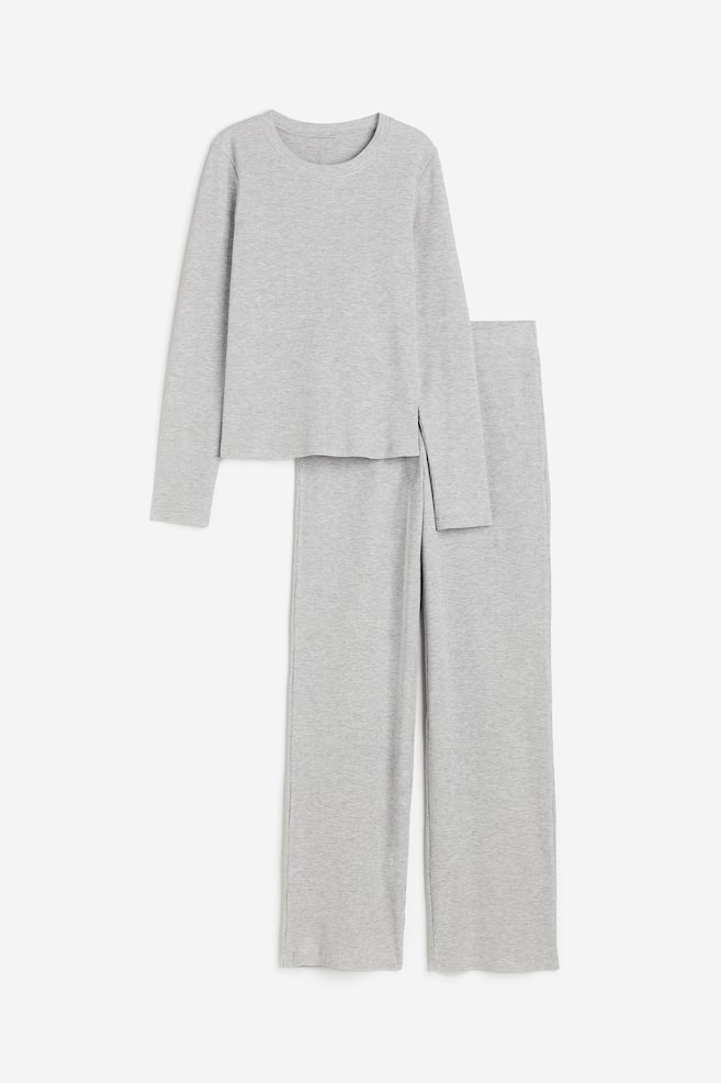 Waffled pyjama top and bottoms - Grey marl/Dark grey/Old rose - 2
