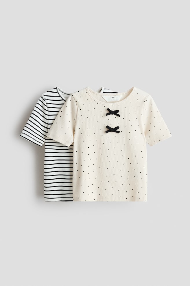 Set van 2 geribde katoenen tops - Roomwit/gestreept/Roomwit/roze bloemen - 1
