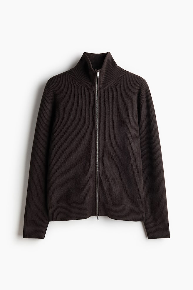 Regular-Fit Wool Cardigan with Zipper - Dark brown/Dark gray - 1