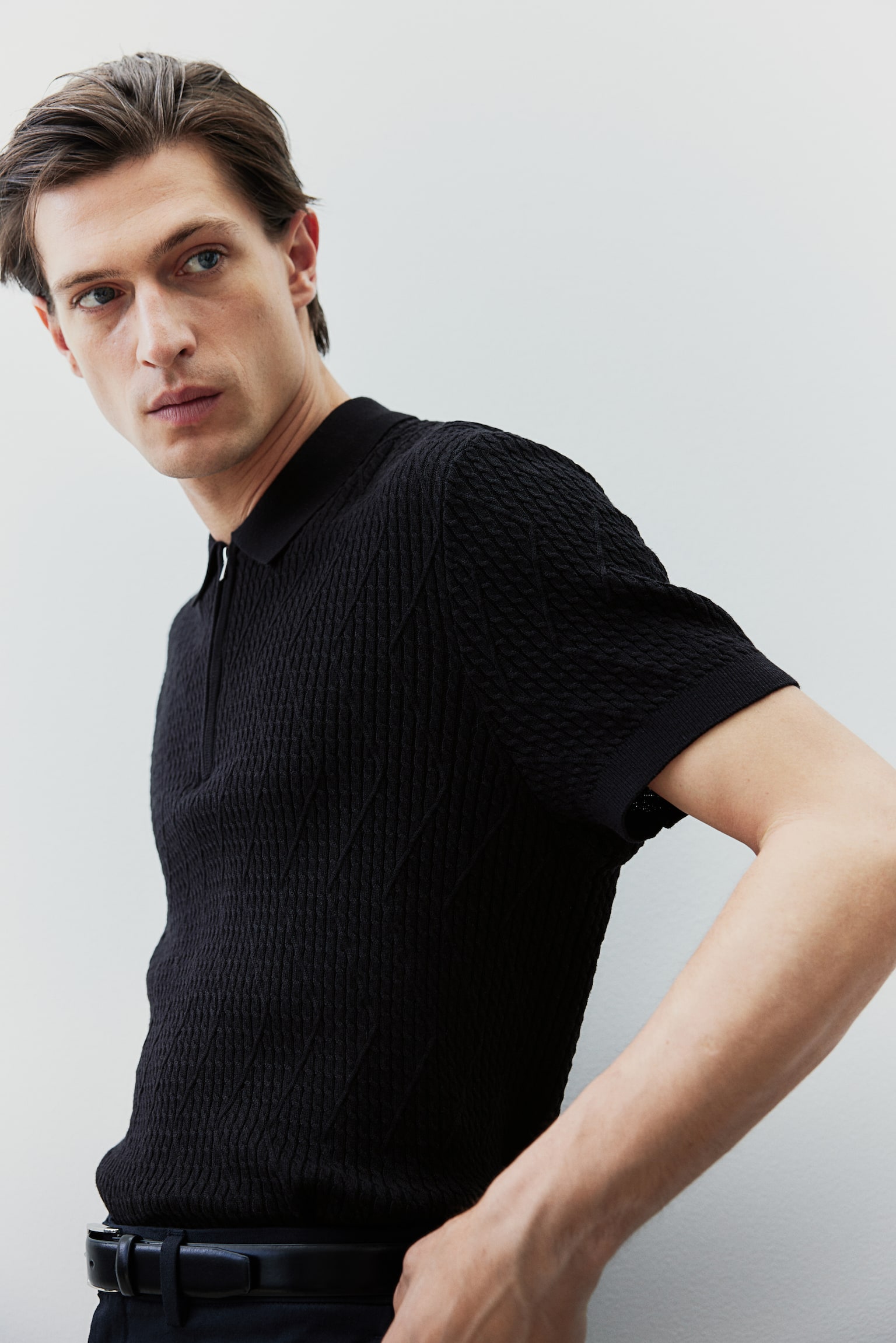 Slim Fit Cable-knit polo shirt - Black - 3