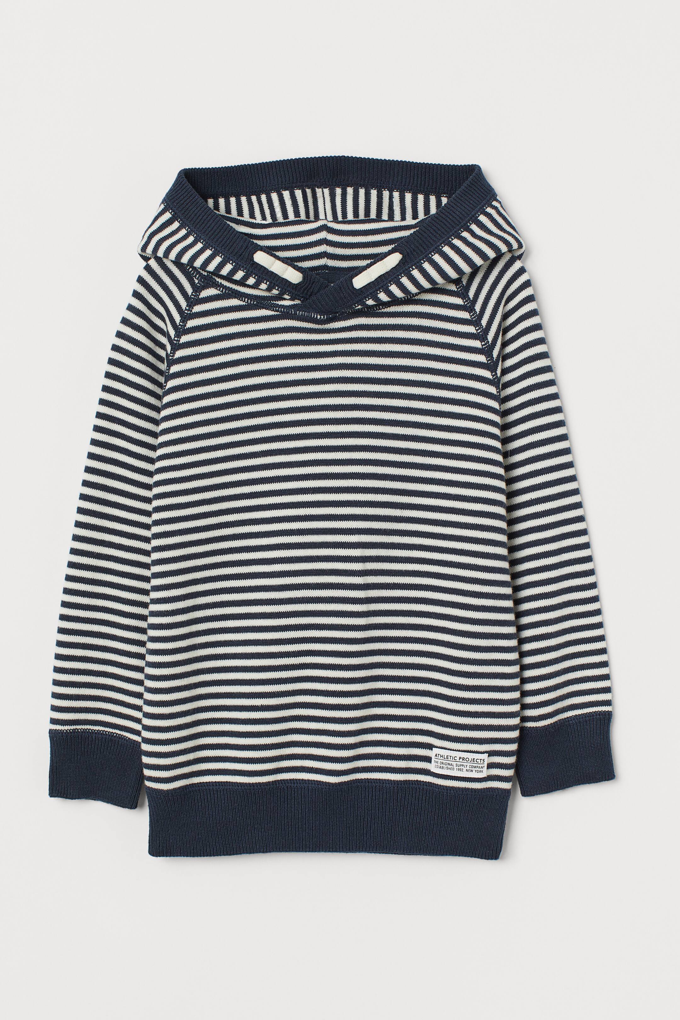 Fine-knit hooded jumper - Long sleeve - Dark blue/White striped - Kids ...