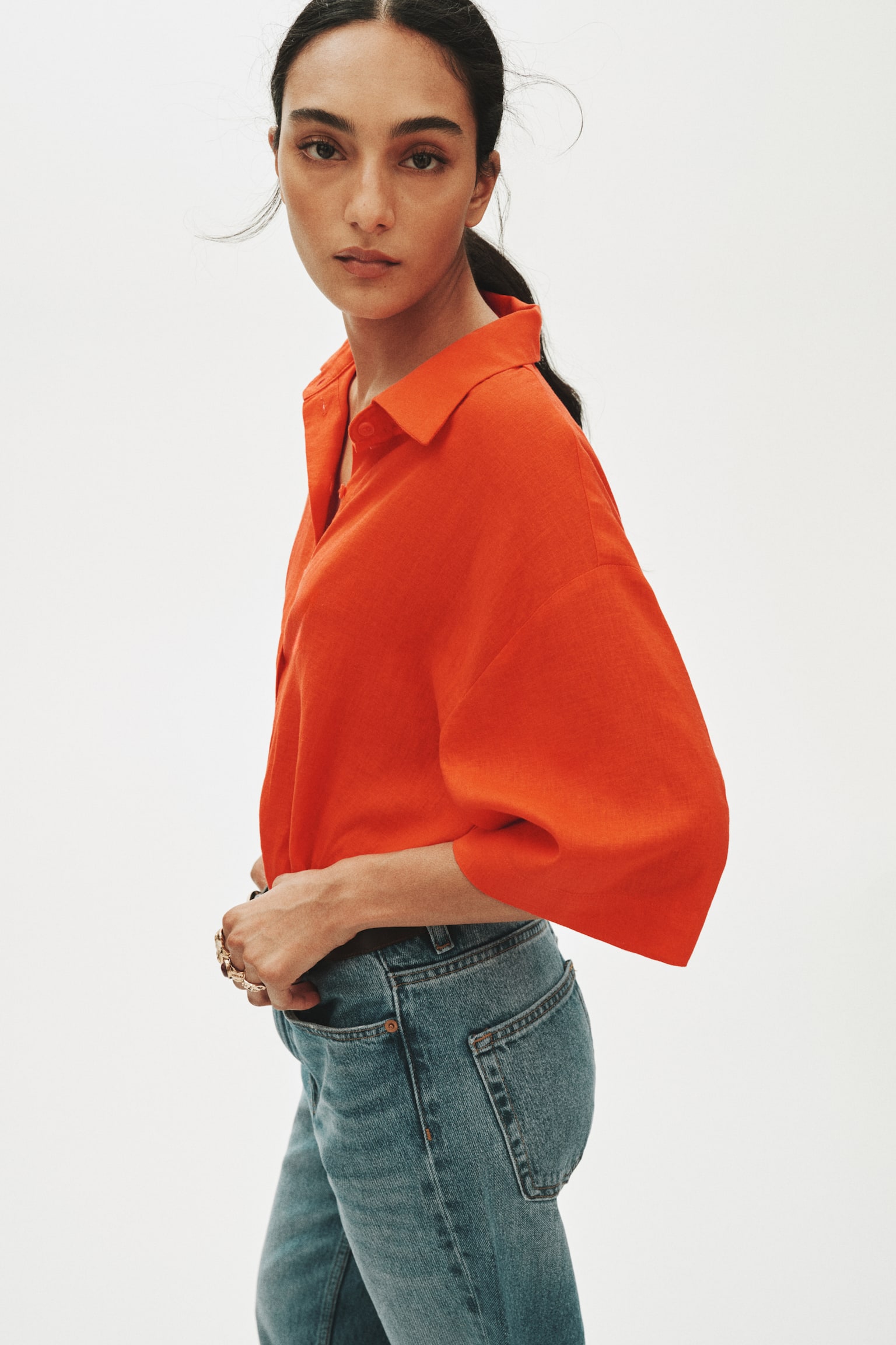 Linen-blend shirt - Bright red/Dark brown - 4