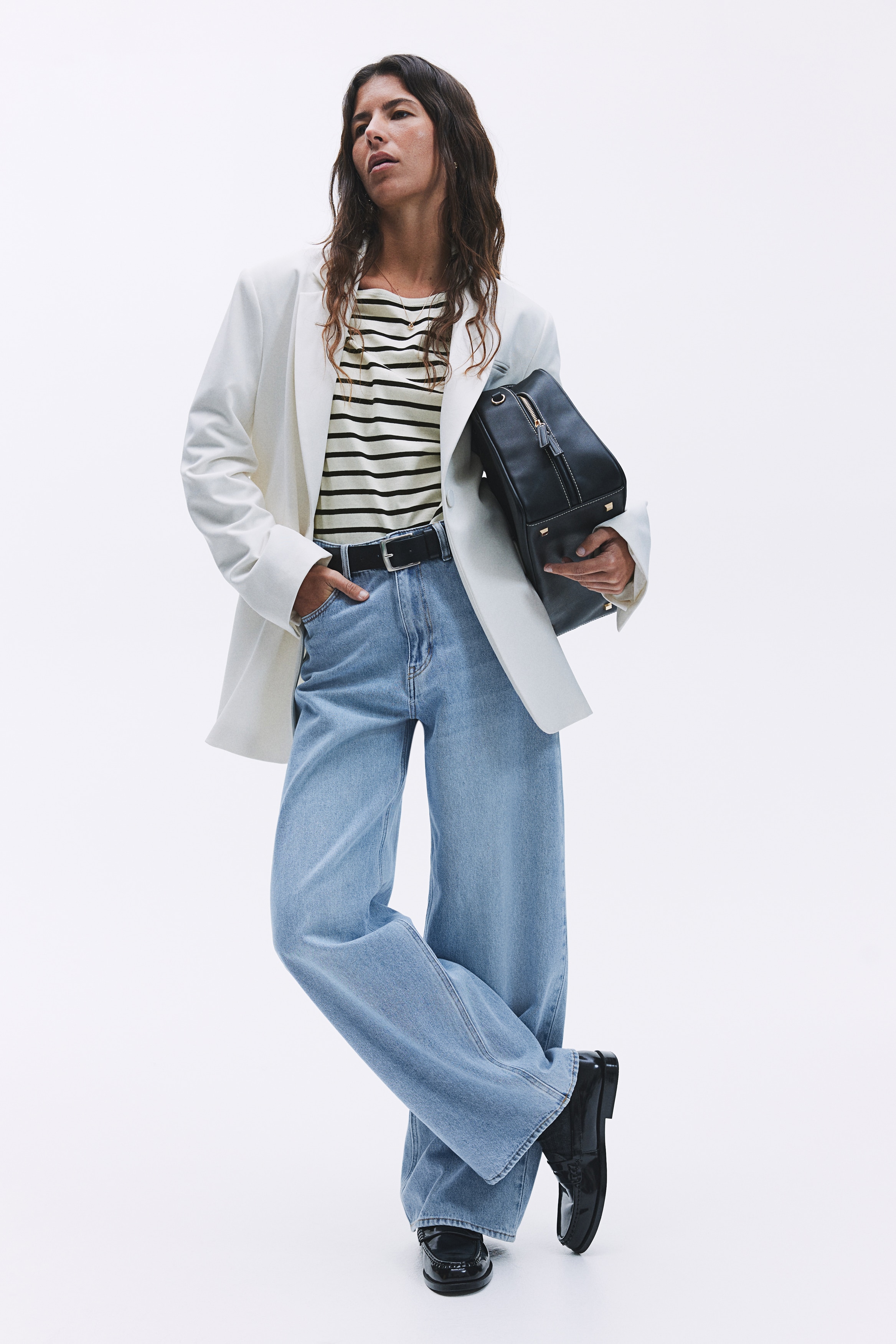 ボートネック コットントップス - ホワイト／ブラックボーダー