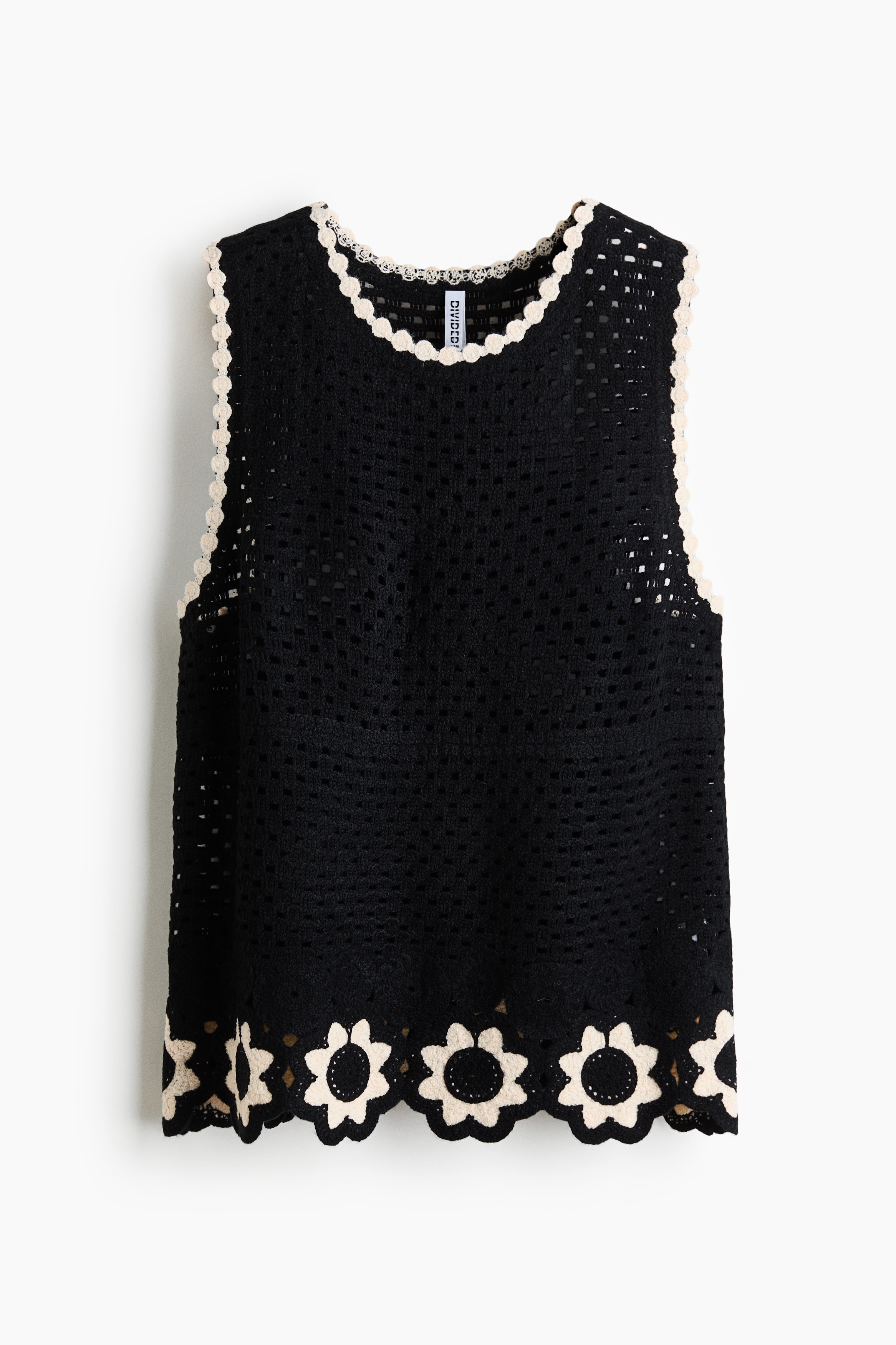 Crochet-Look Open-Knit Top - Black/flowers