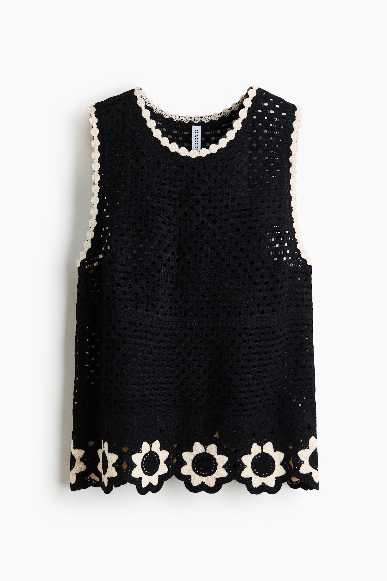 Crochet-look hole-knit top - Black/Flowers - 2