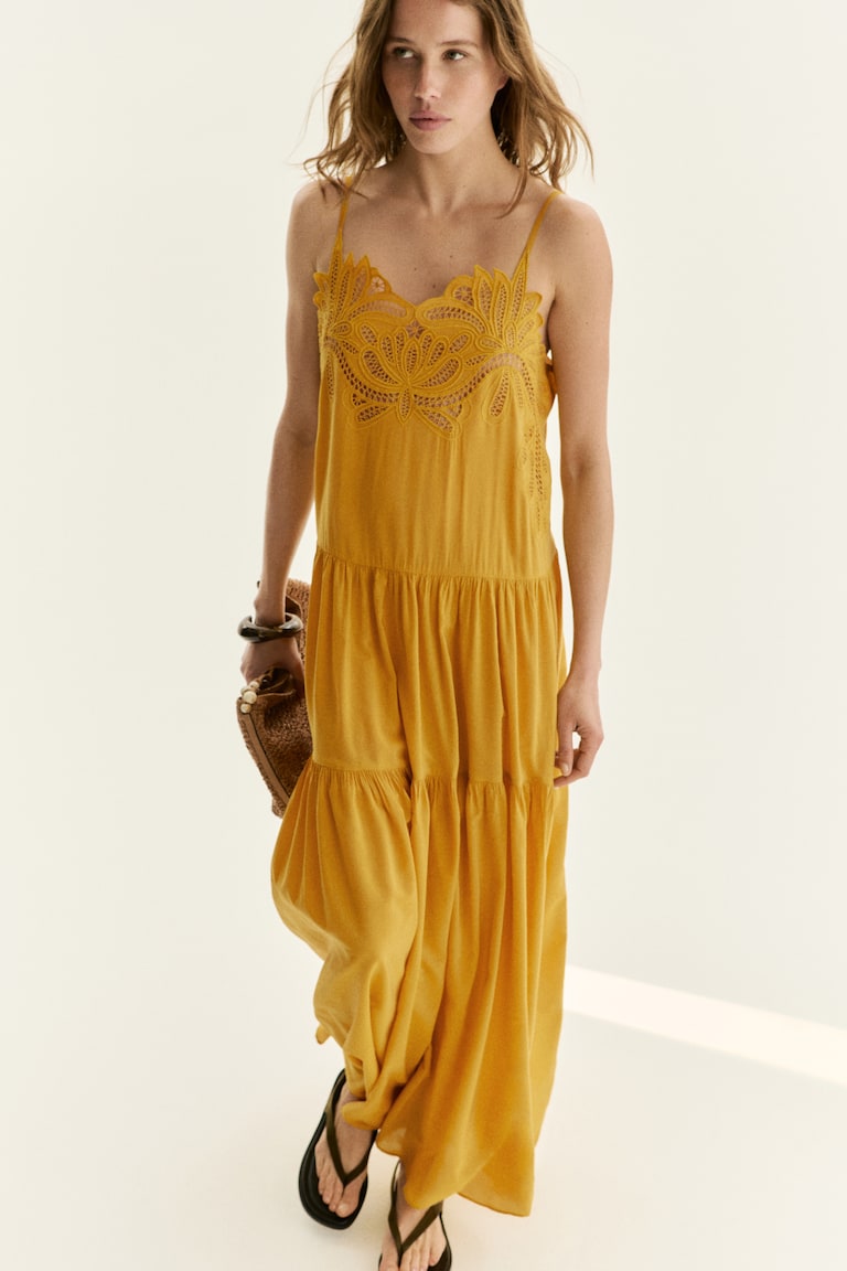 Women's Dark yellow Embroidered Tiered Dress | H&M US Women's Dark yellow Embroidered Tiered Dress | H&M US