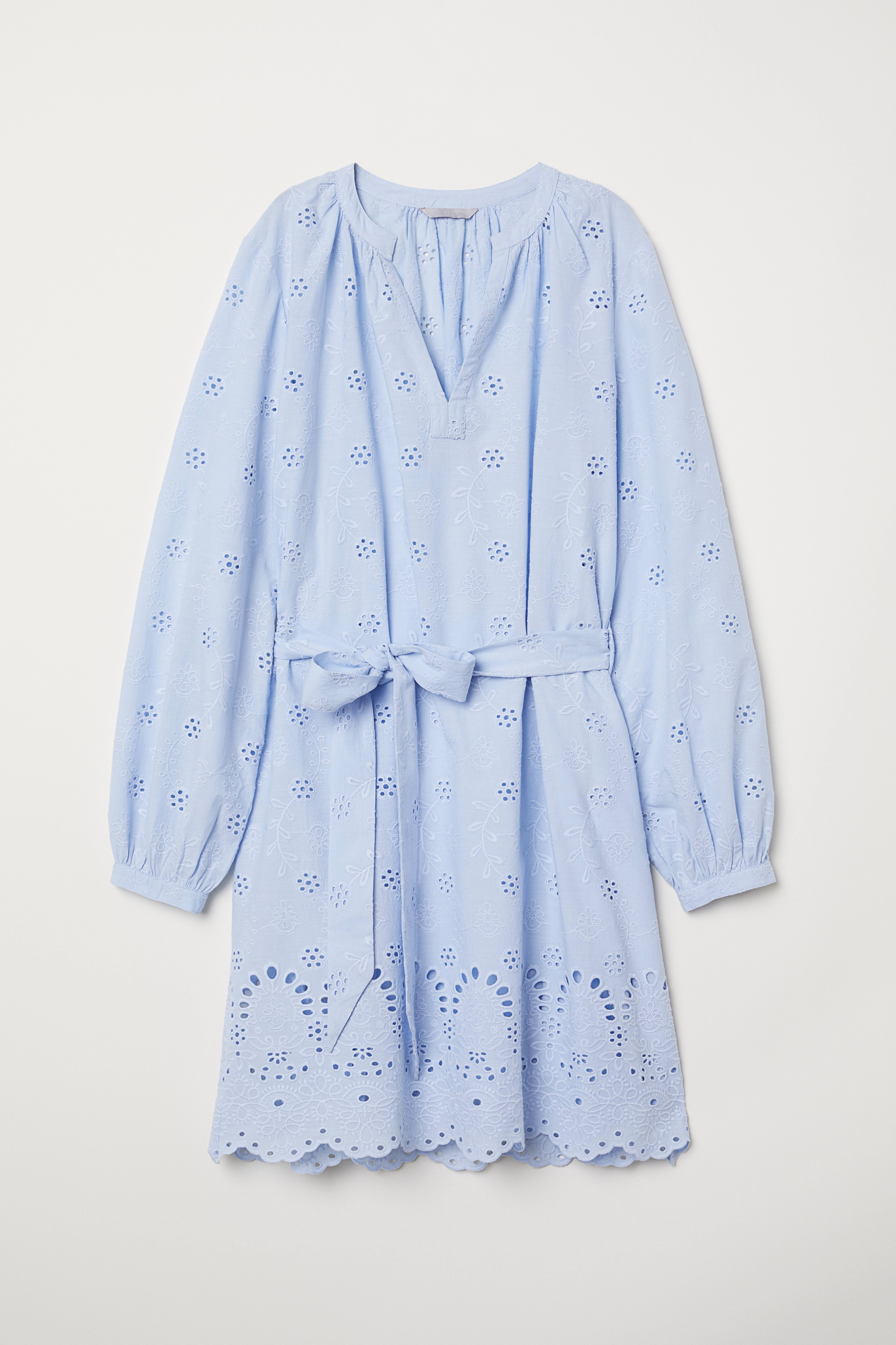 Dress with Eyelet Embroidery - V-neck - Long sleeve - Light blue - Ladies |  H&M US