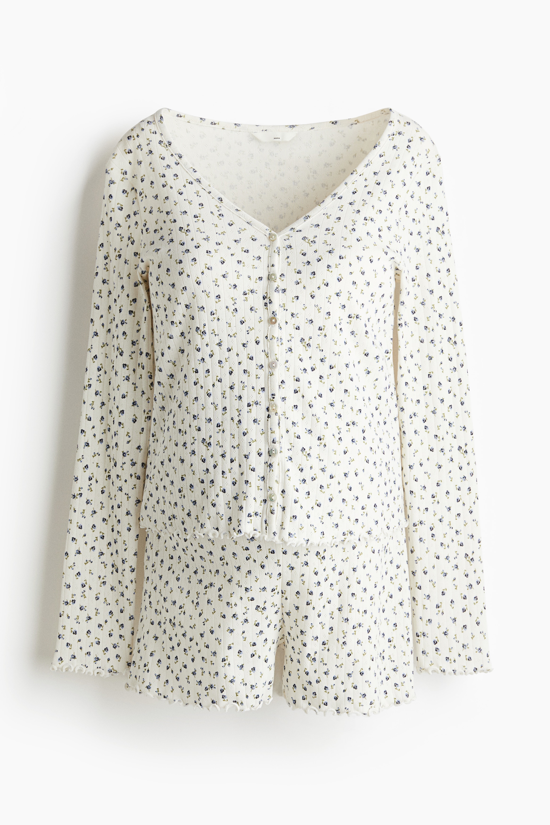 MAMA Delik Desenli Pijama Takımı - Beyaz/Çiçekli