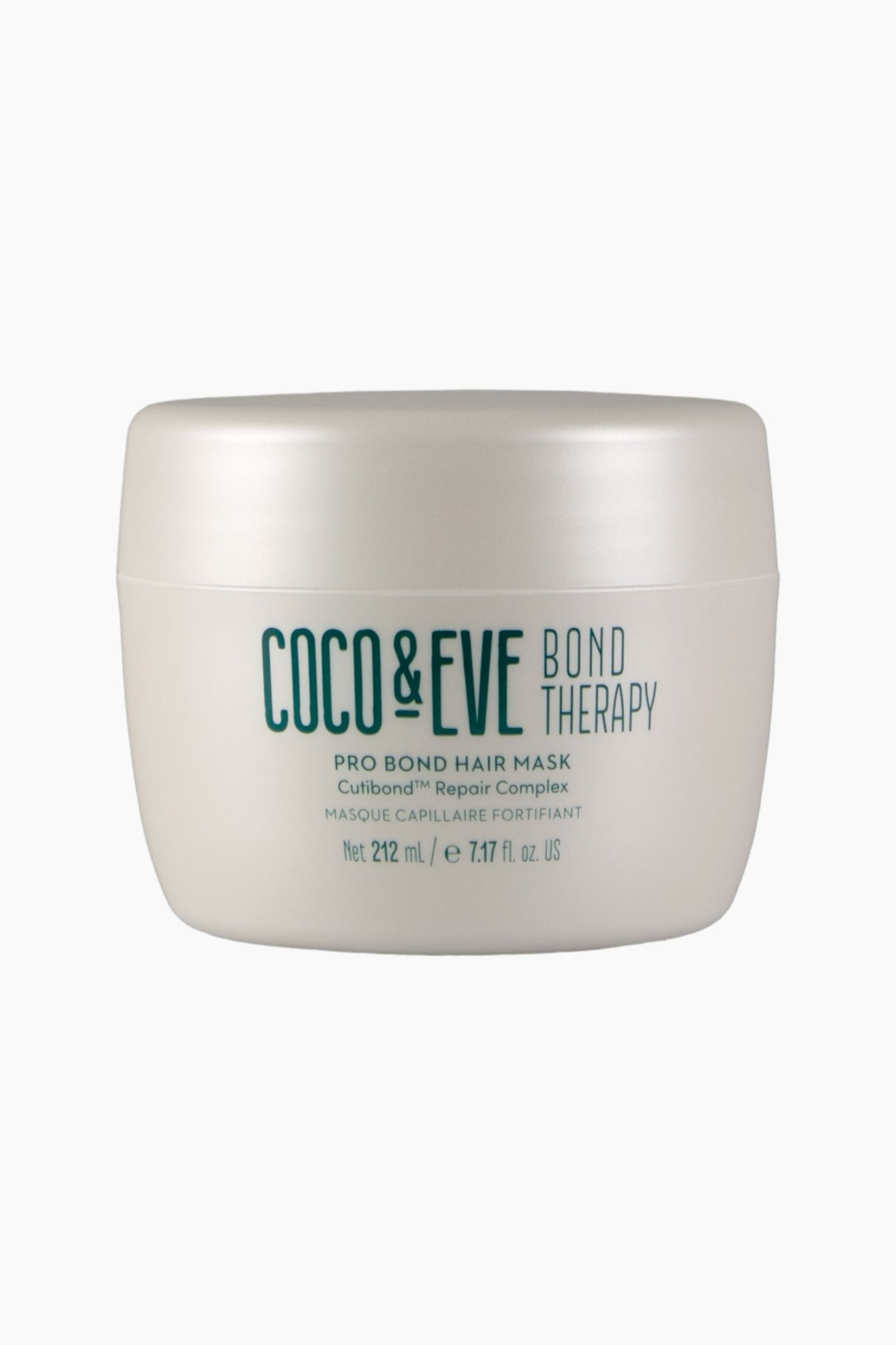 Größeres Bild ansehen: Ein hell cremefarbenes Haarmaskenglas steht direkt nach vorne und zeigt sein Frontetikett mit türkisfarbener Schrift, einschließlich "COCO & EVE" und "PRO BOND HAIR MASK", während es einen abgerundeten rechteckigen Körper und einen dezent gewölbten Deckel aufweist.