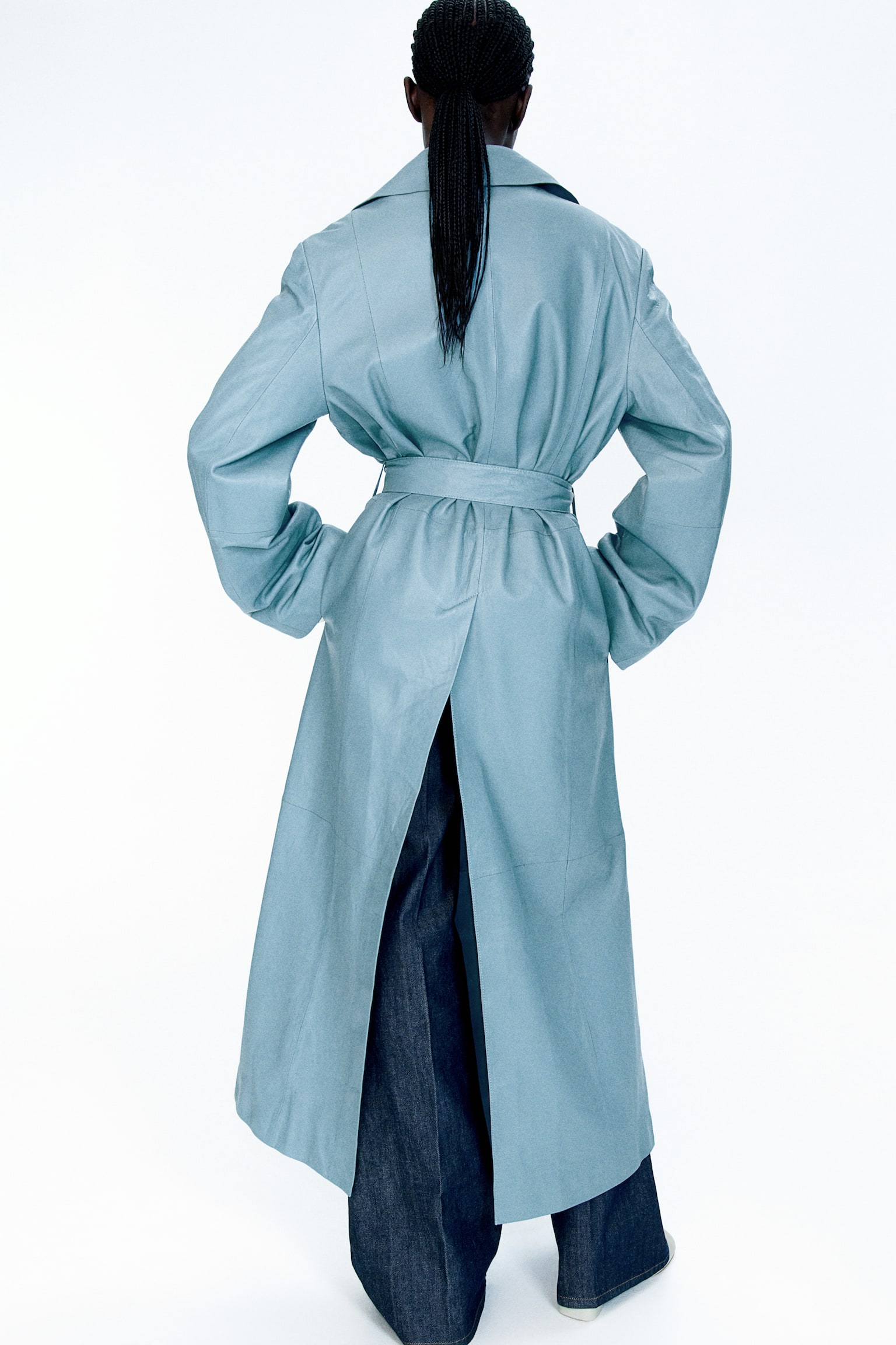 Leather Tie Belt Coat - Blue - 4