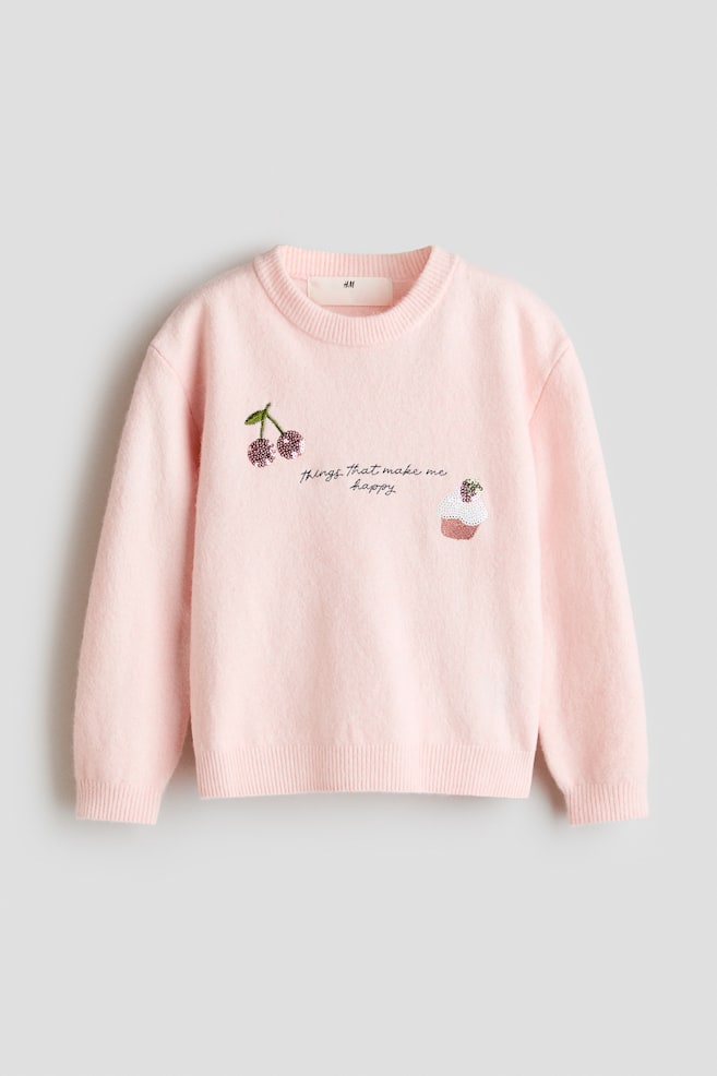 Pullover mit Motiv - Puderrosa/Kirschen/Hellbeige/Teddybär/Elfenbein/Schleife - 1