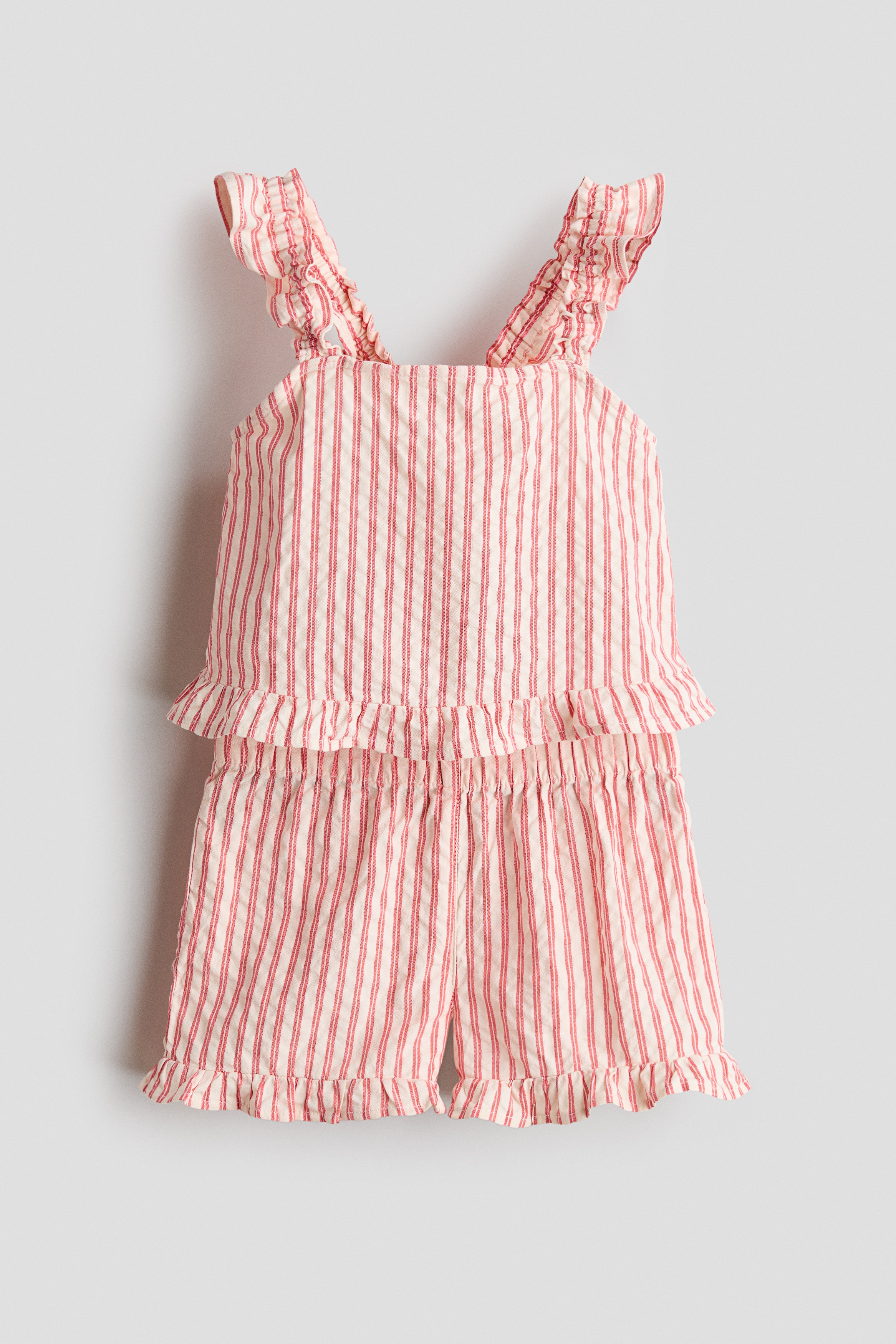 Conjunto de algodón con ribete de volante 2 piezas - Rojo/Rayas beige/Multicolor/Rayas/Beige claro