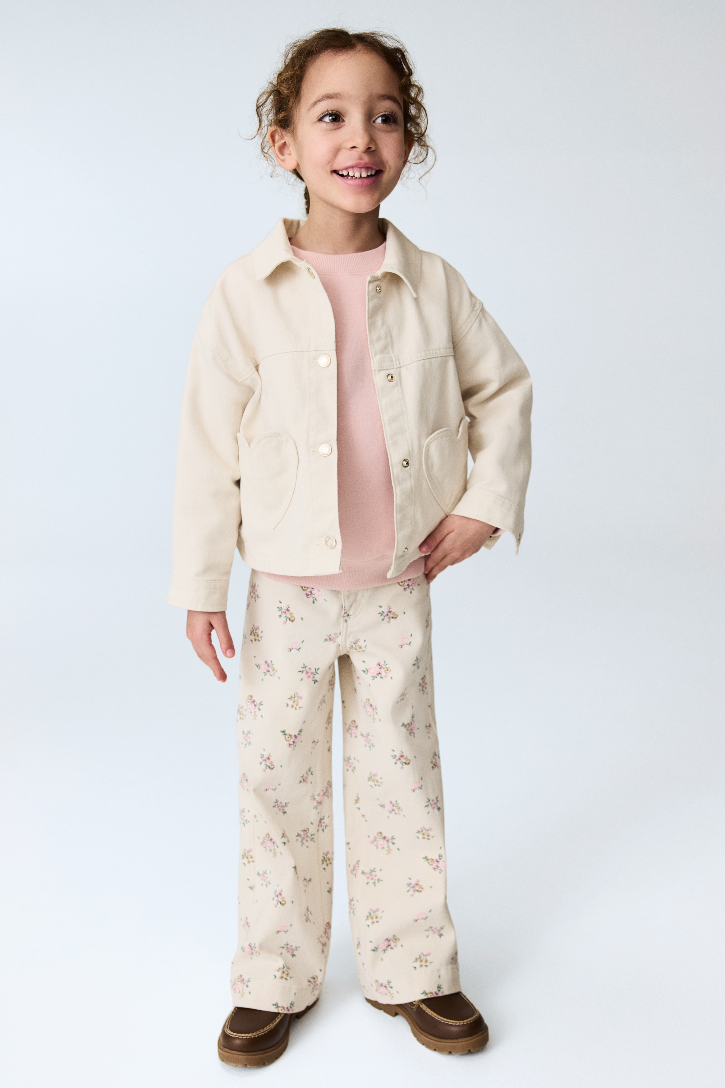 Wide Leg Pattern Twill Pants - Light beige/Floral