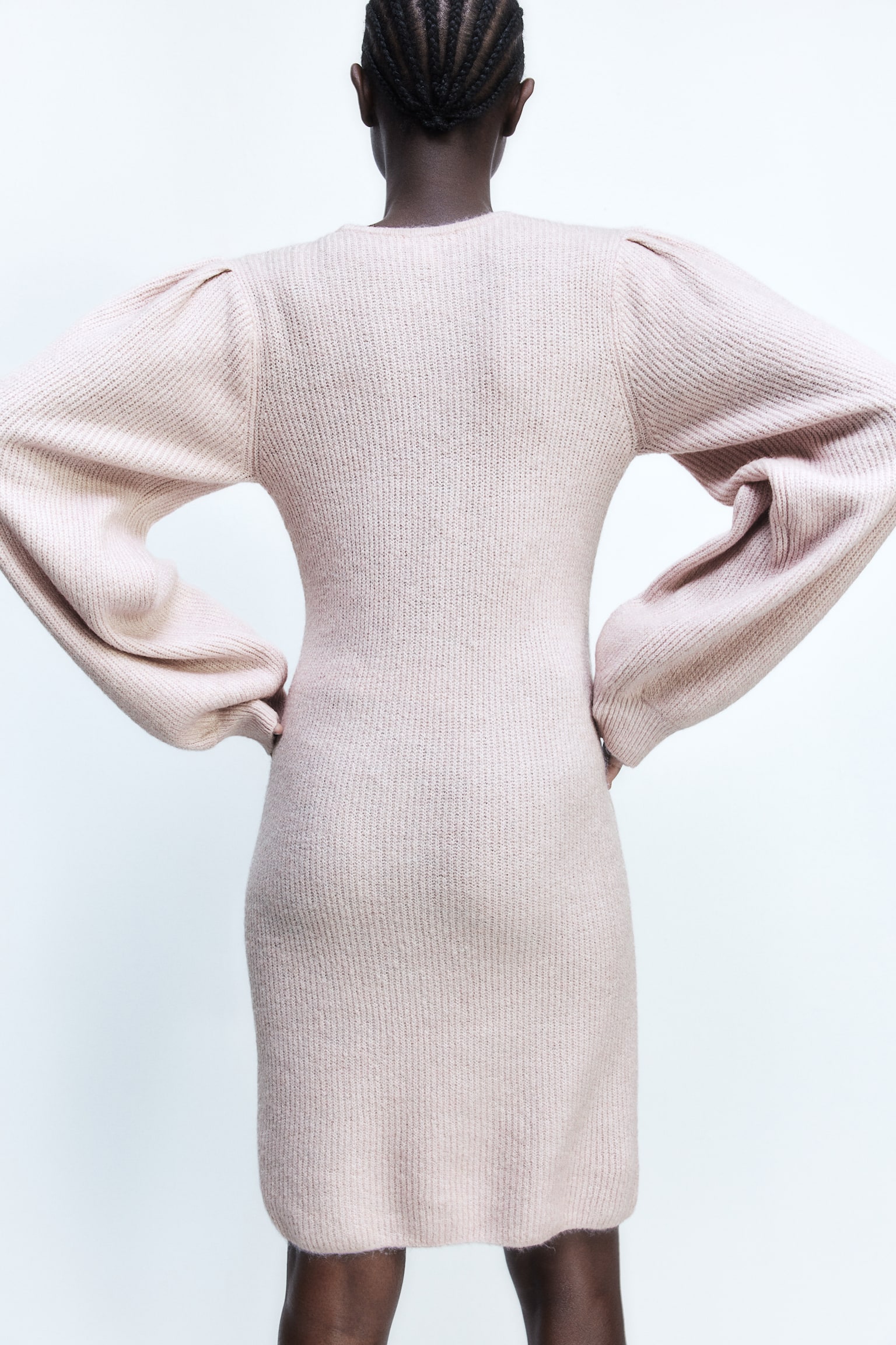 MAMA Balloon-sleeved rib-knit dress - Light pink/Light beige marl - 4