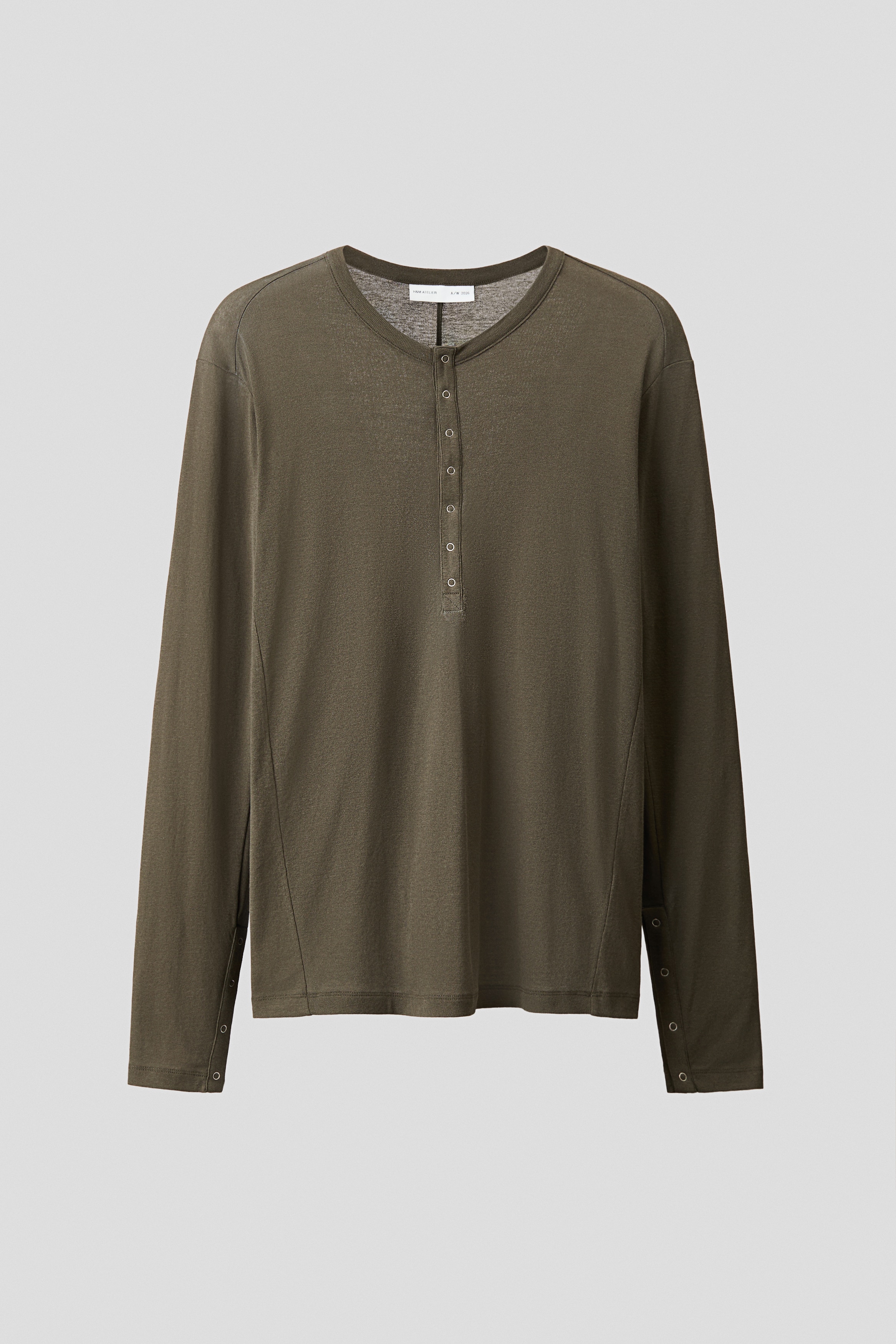 Camiseta de algodón con cuello panadero Slim Fit - Verde caqui oscuro/Gris claro