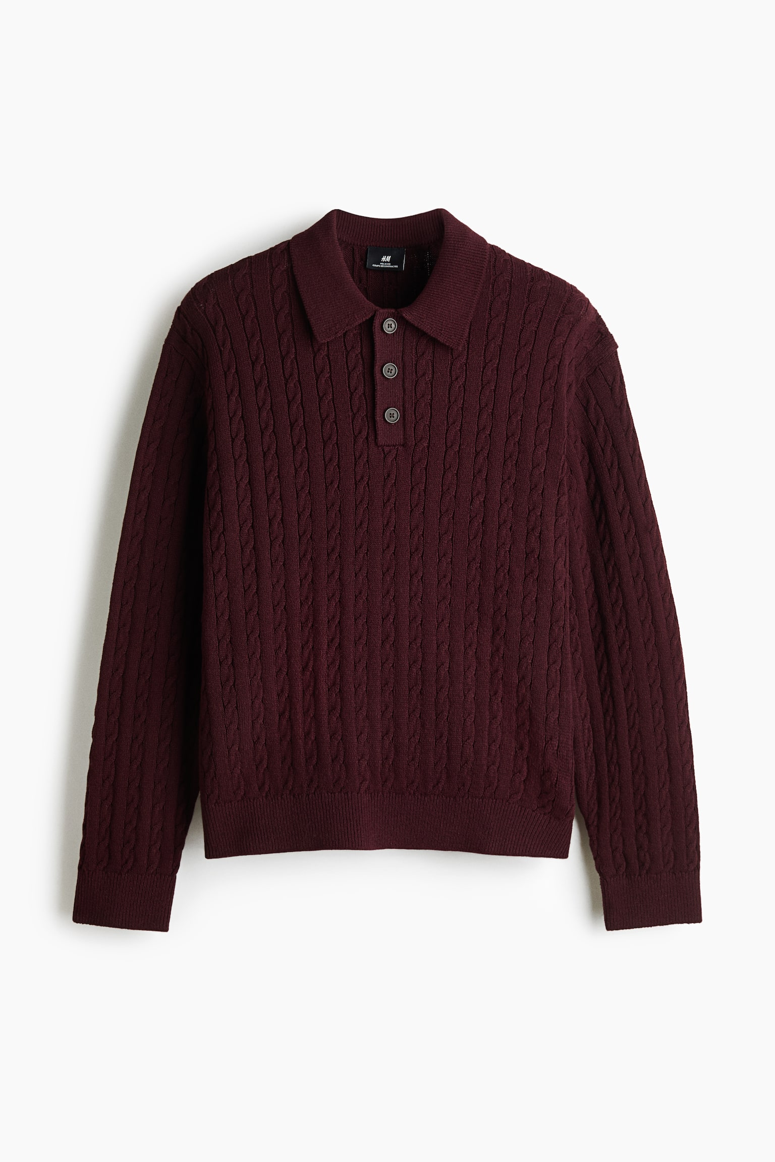Мужской свитер H&M Relaxed-Fit Cable-Knit Polo, цвет: Бордовый — фото 1