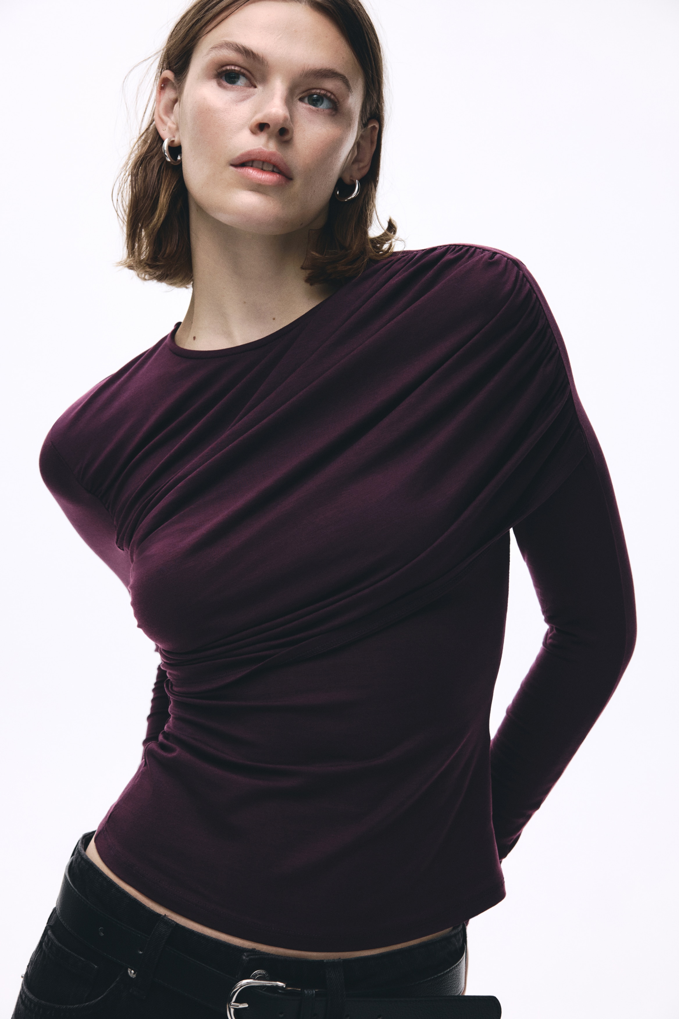 S asymmetric drape tops theredthread