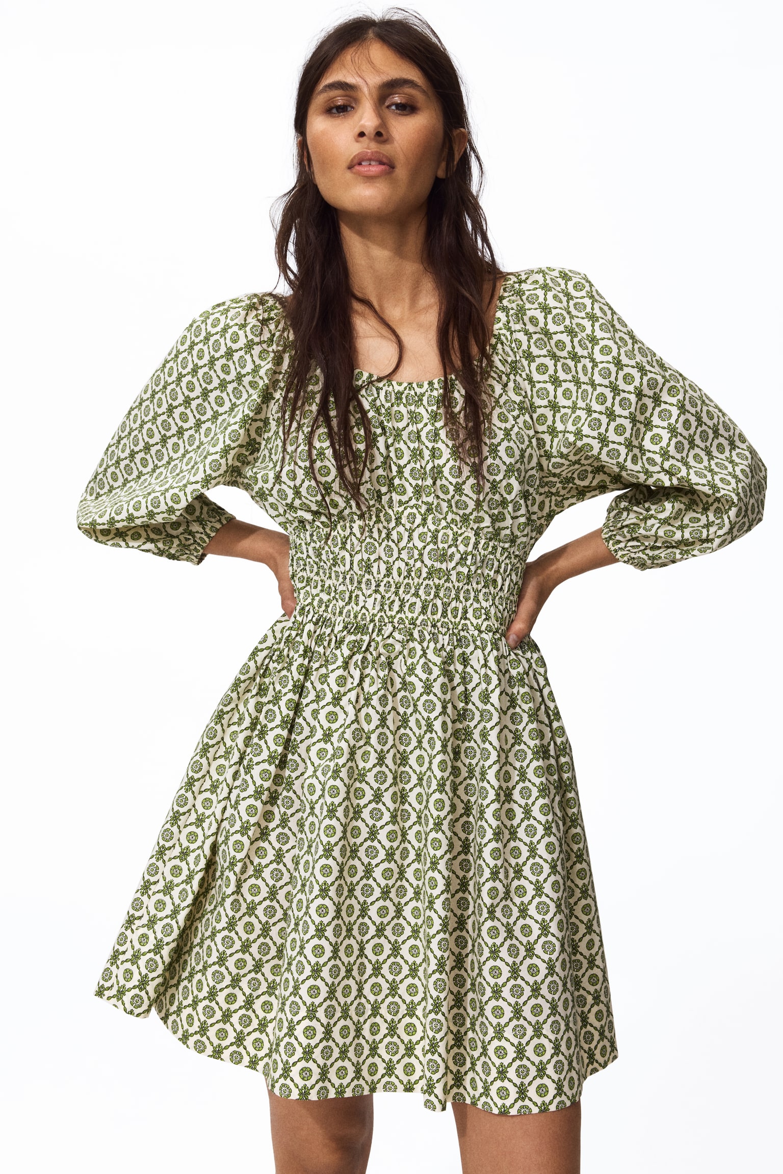 Flared-skirt cotton dress - Green/Patterned/White/Floral/White/Floral - 1