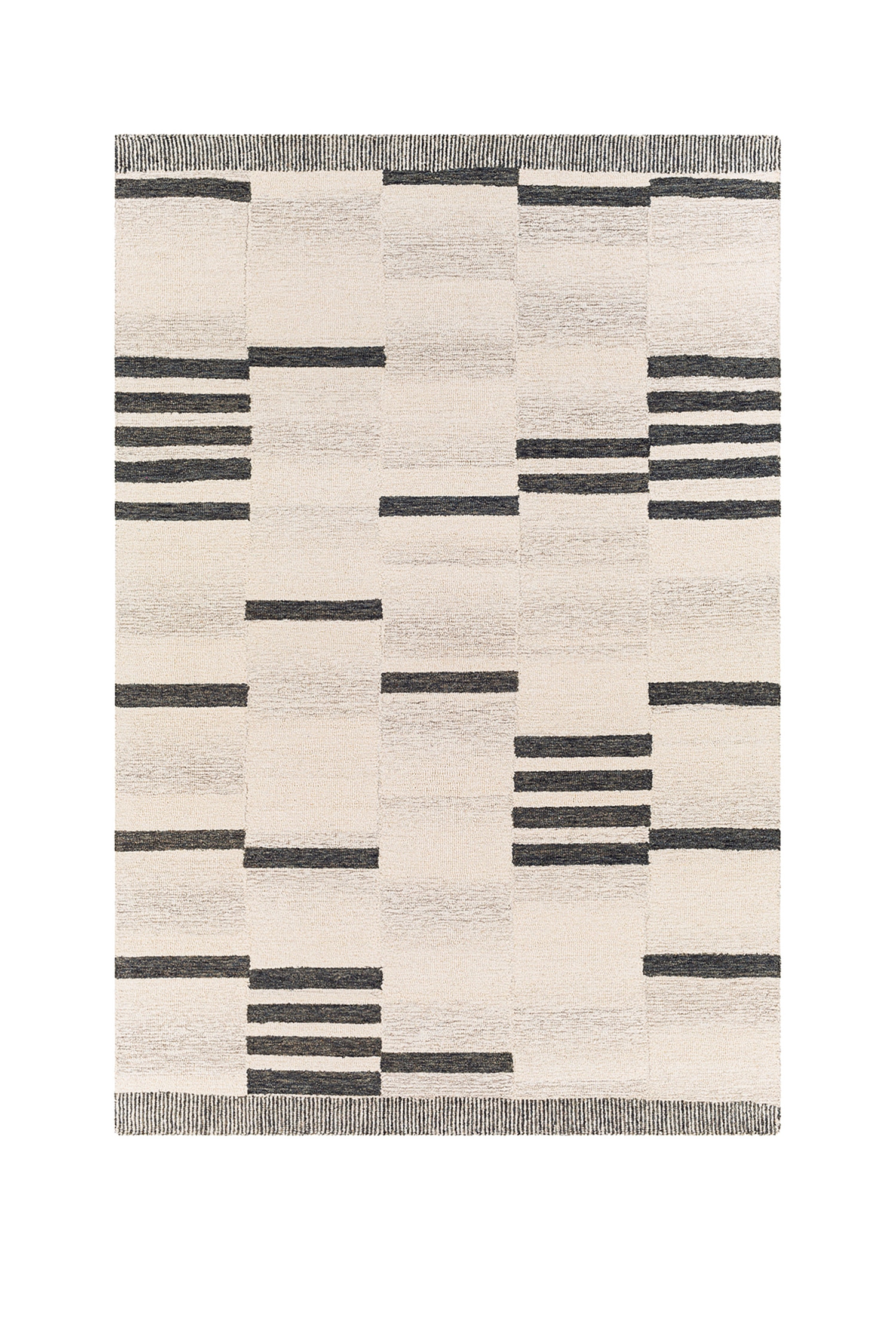 An area rug is showcasing a modern geometric pattern with a cream-coloured textured pile and scattered blocks of dark charcoal horizontal stripes of varying lengths and thicknesses. The top and bottom edges feature a thin, densely striped border.