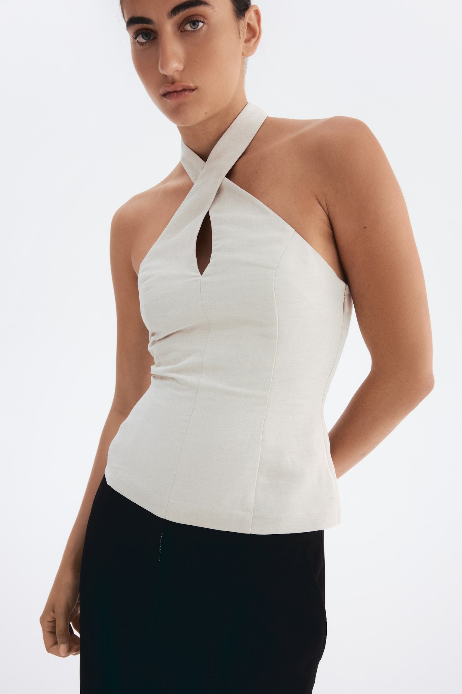 Linen-blend halterneck top - Light greige/Red - 3