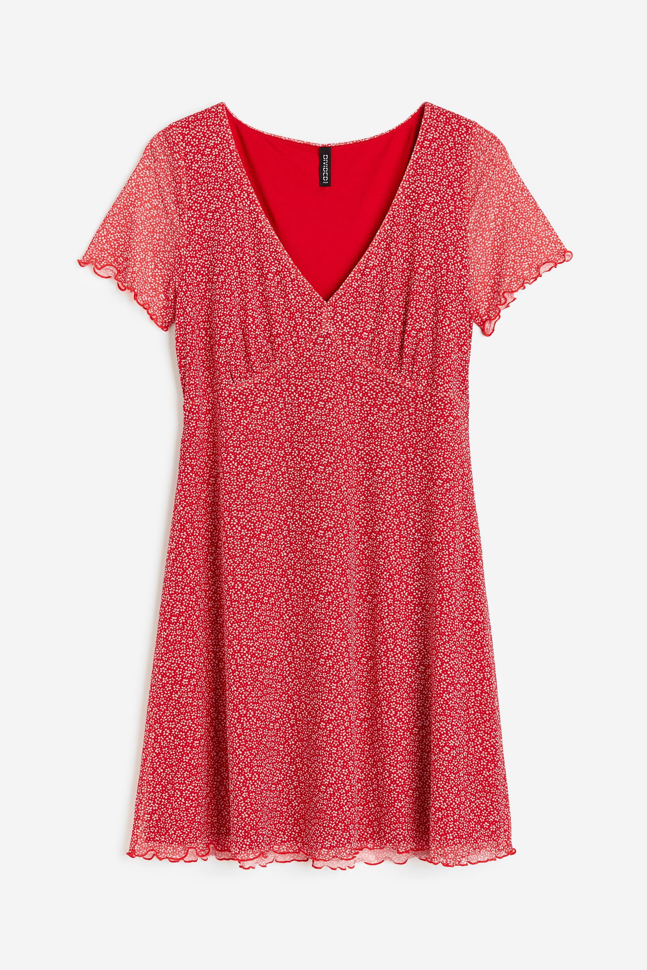 View larger image: H&M+ V-neck mesh dress - Red/Small flowers - Ladies | H&M MY 1