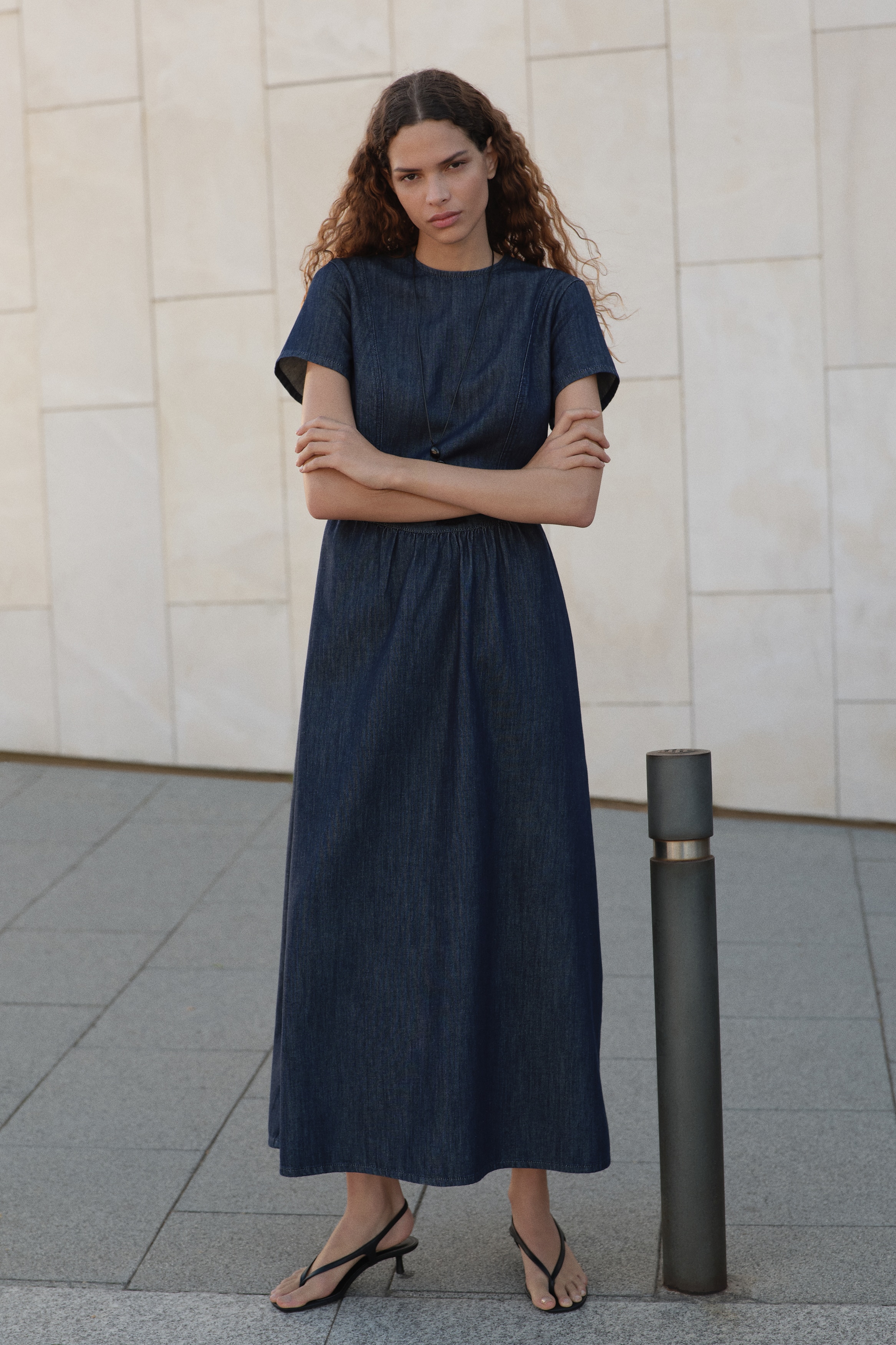 navy blue dress for baby girl Women's Cream Open-Back Denim Dress