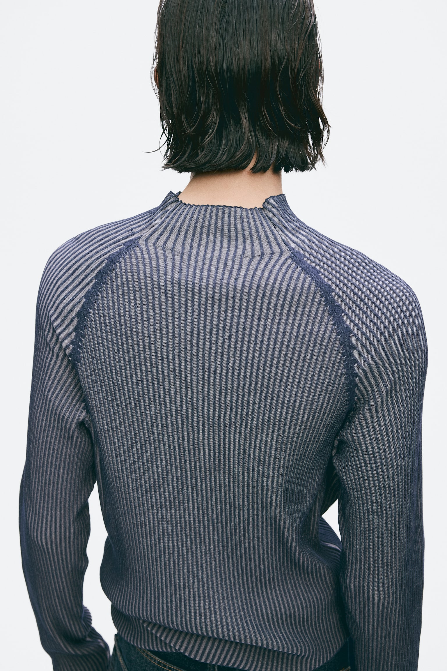 Мужской свитер H&M Slim Fit Rib-Knit Mock Turtleneck, цвет: Тёмно-синий / Полосатый — фото 5