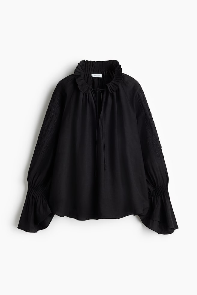 Embroidered linen-blend blouse - Black - 1
