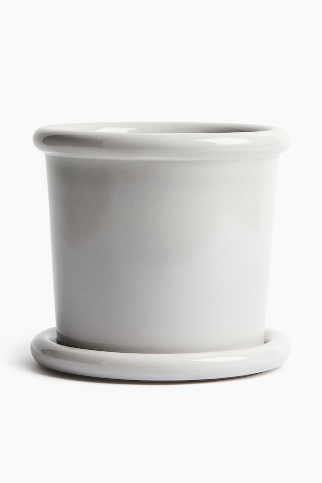 Large stoneware plant pot with saucer - Light grey/Light green/White - 1