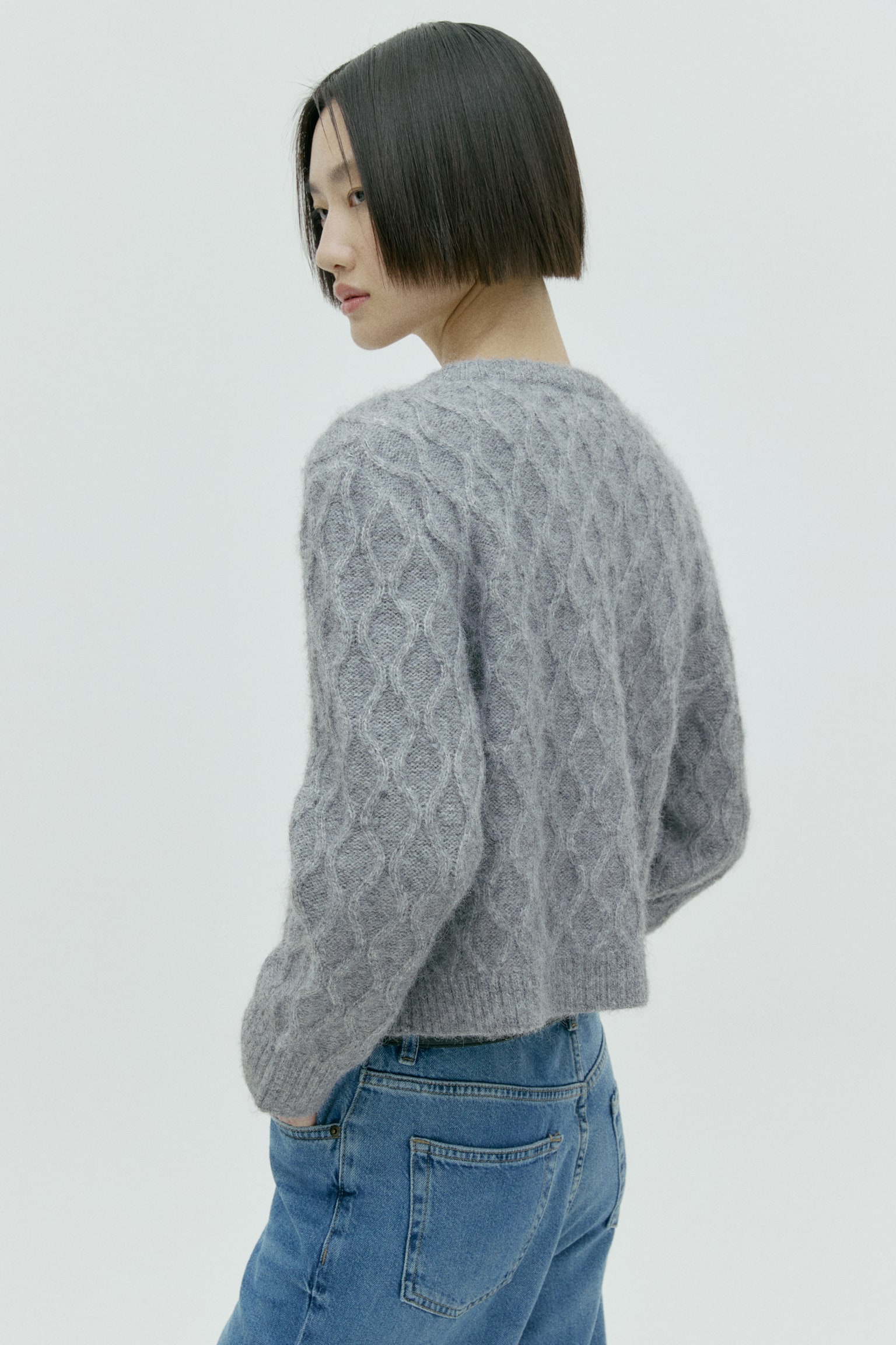 ケーブルニットカーディガン - グレーメランジ/ベージュ/ホワイト - 6