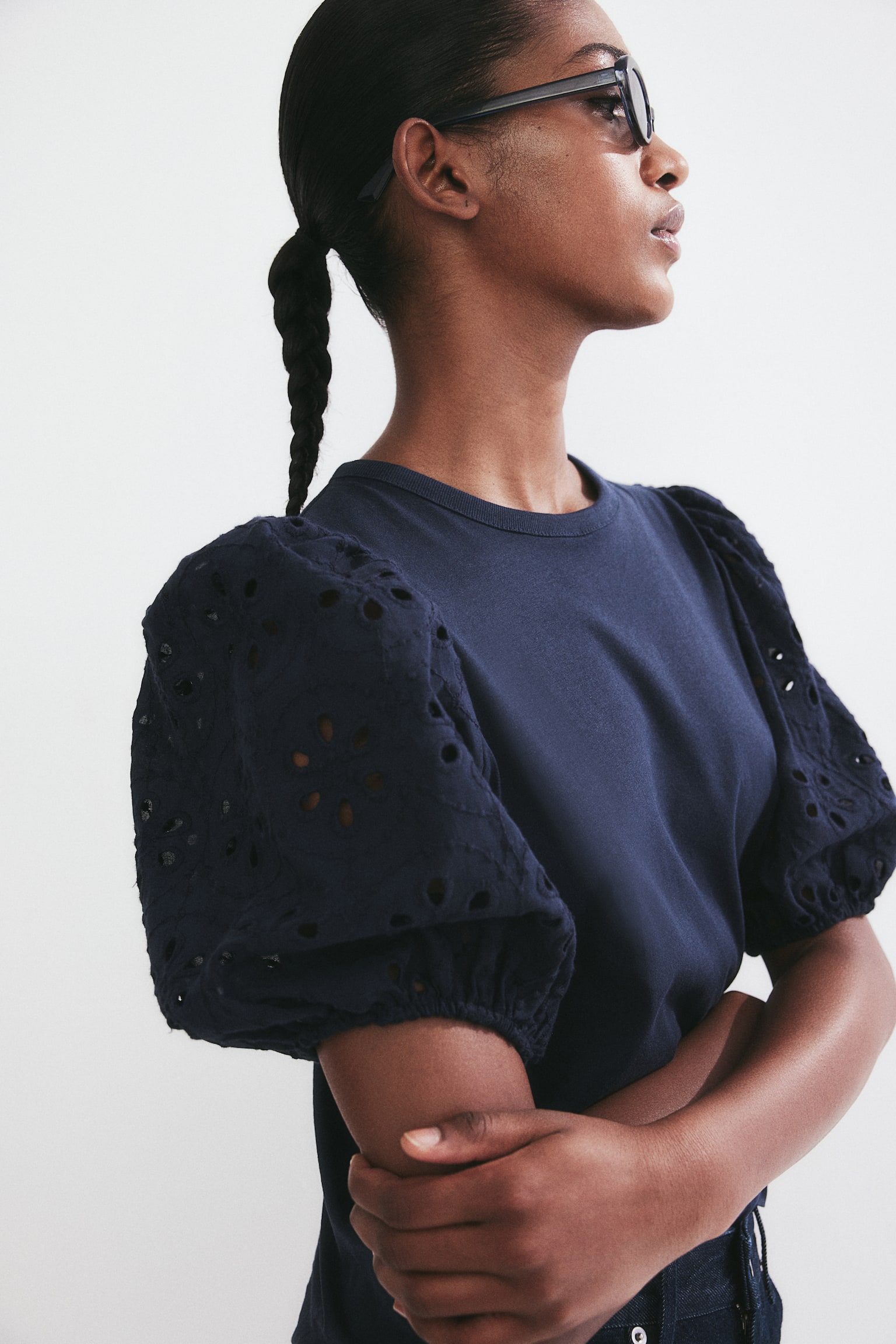 Broderie-anglaise-sleeve top - Navy blue/White/Black - 4