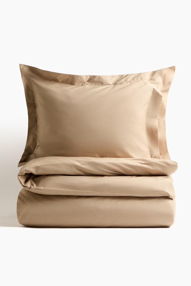 King/Queen Cotton Percale Duvet Cover Set - Beige/White/Light taupe - 1
