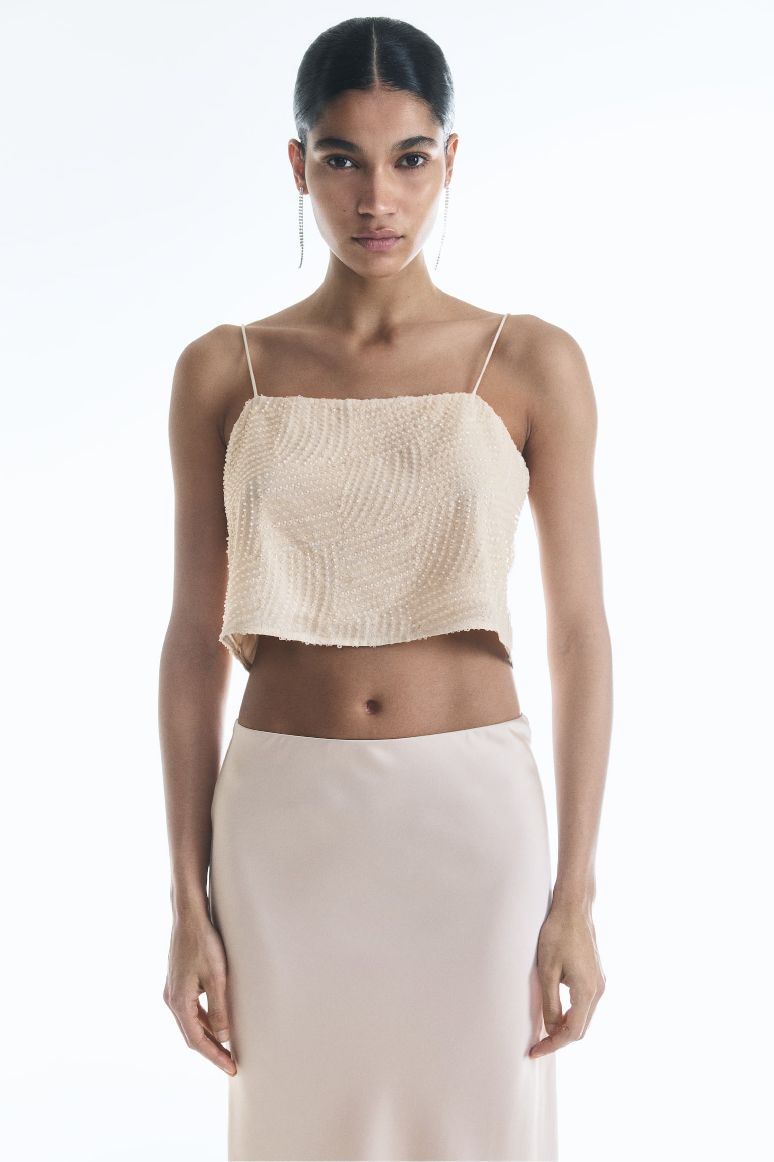 Decorative Detail Cropped Top - Light beige/White - 2