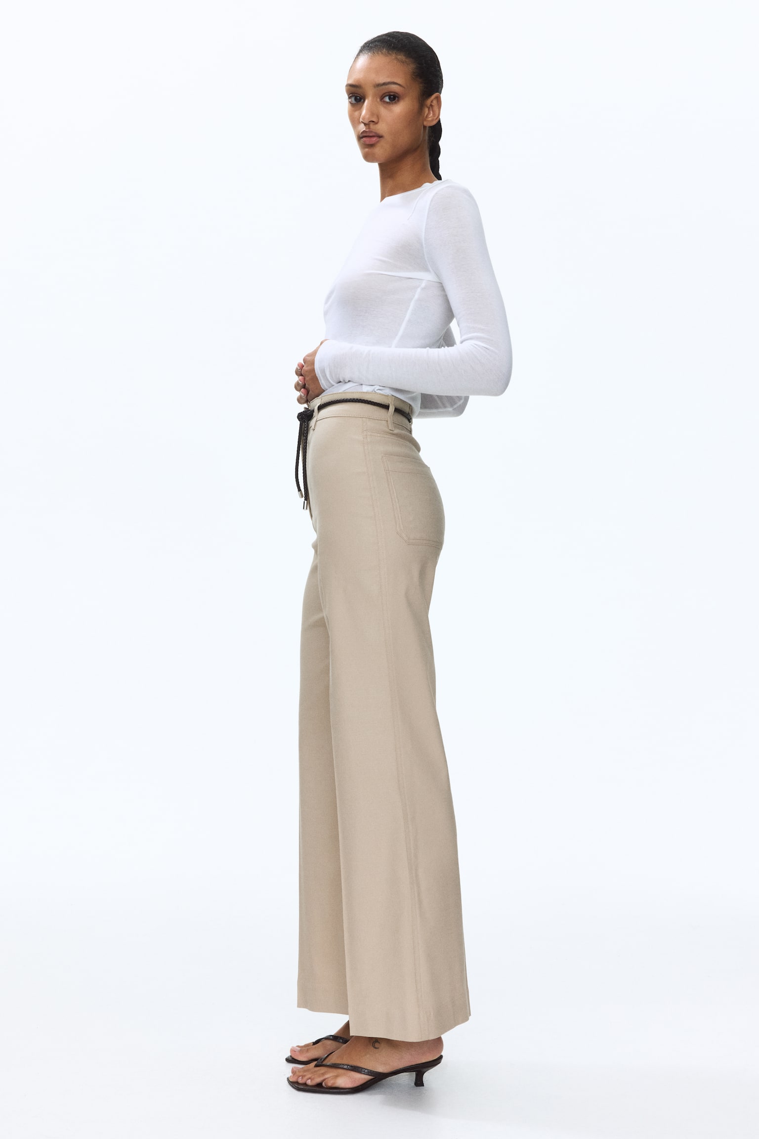 Linen-blend bootcut trousers - Beige/Khaki green - 1