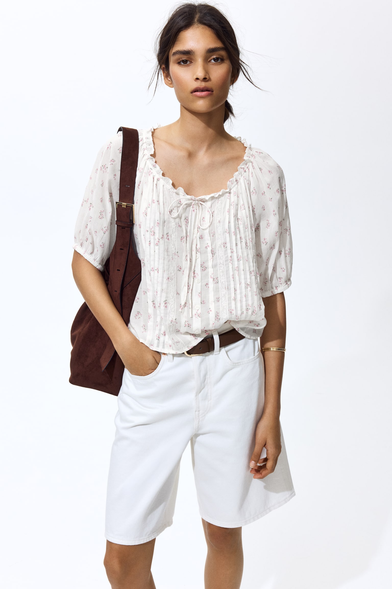 Pintucked blouse-White/Floral - 4