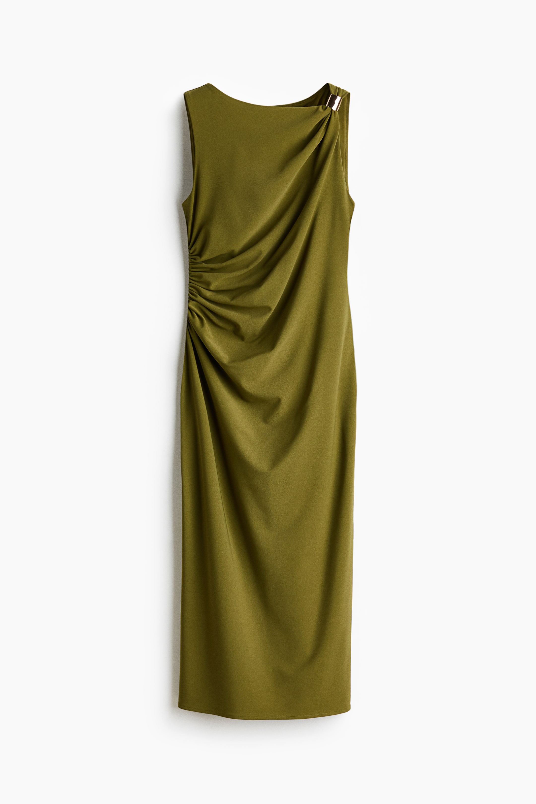 View larger image: An olive green midi dress, displayed from the front, showcases a sleeveless design. Ruched detailing runs down the left side, while a gold-toned metal buckle gathers fabric at the right shoulder.