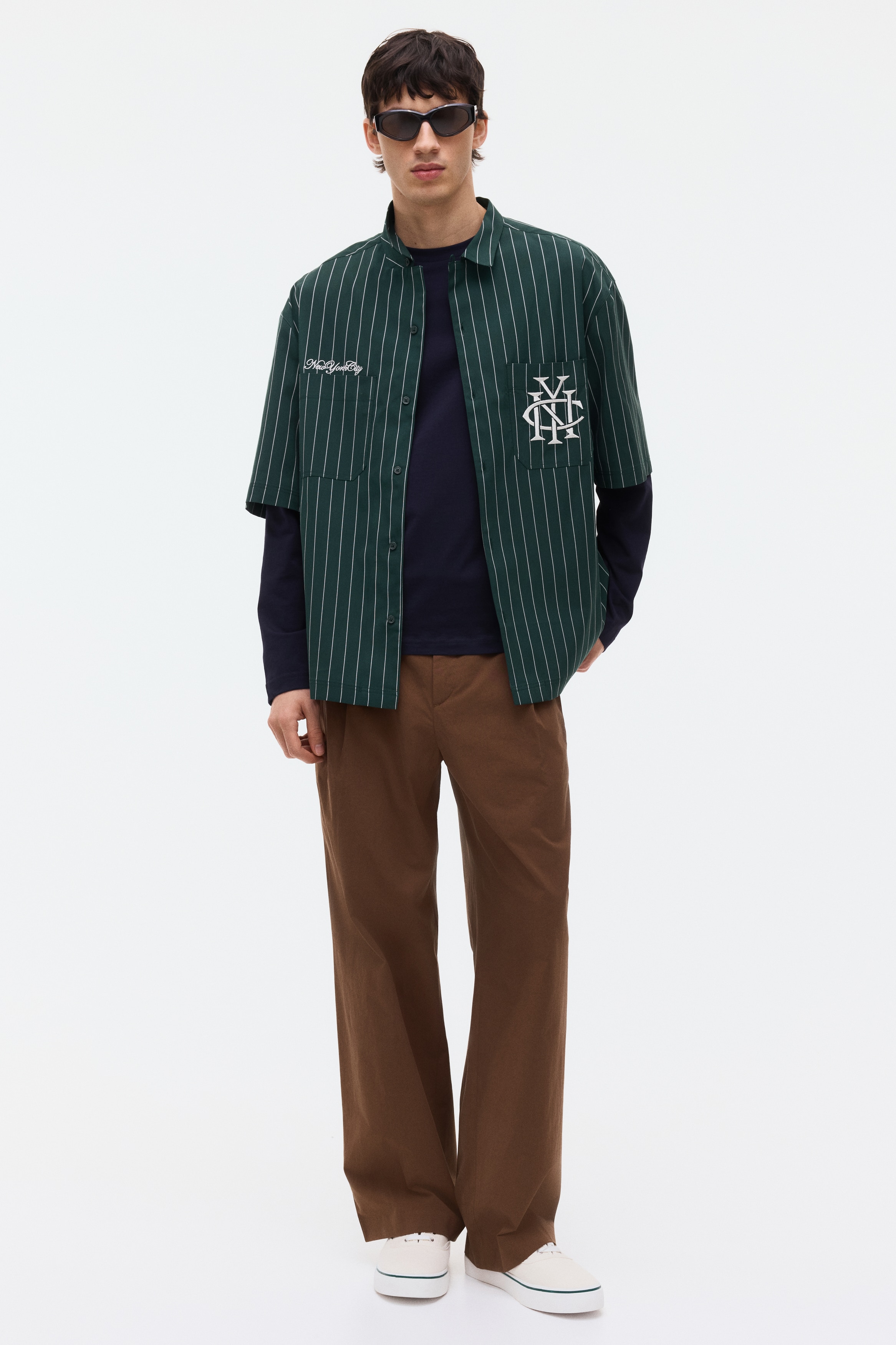 Regular-Fit Embroidered-Motif Shirt - Dark green/striped/White/striped