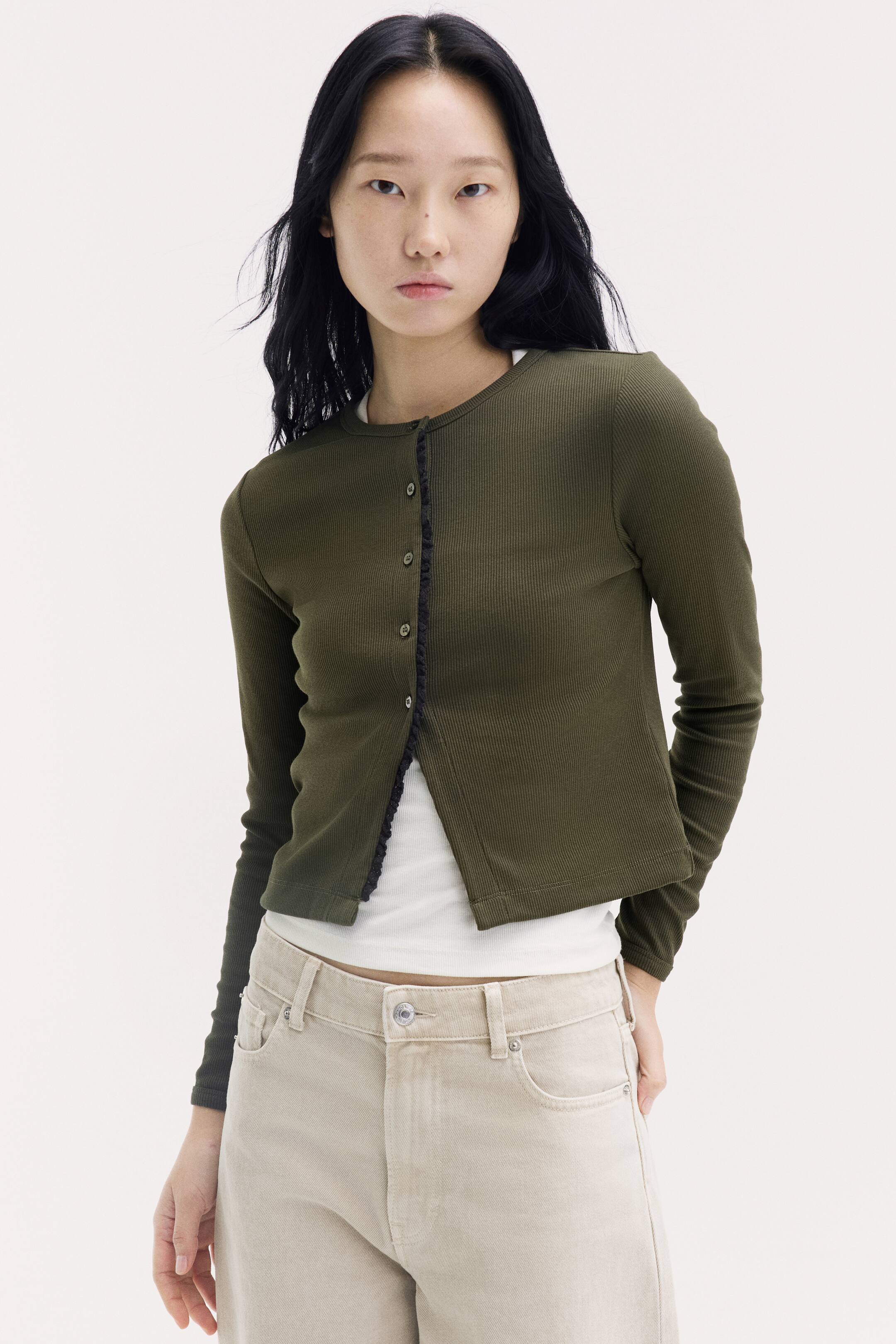 View larger image: Lace-detail cardigan - Dark khaki green - Ladies | H&M PH 1