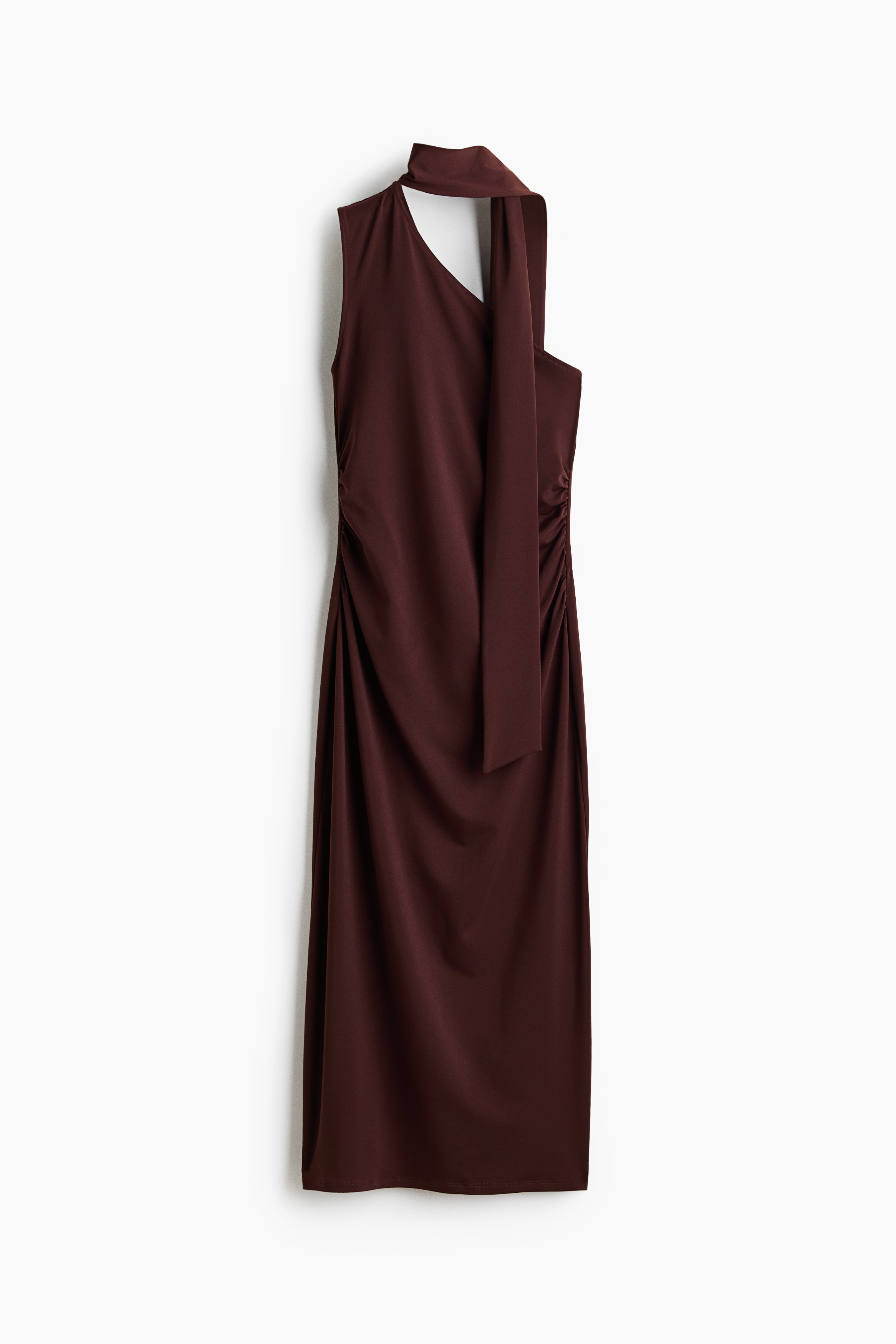 Scarf-collar one-shoulder dress - Dark brown/Mustard yellow