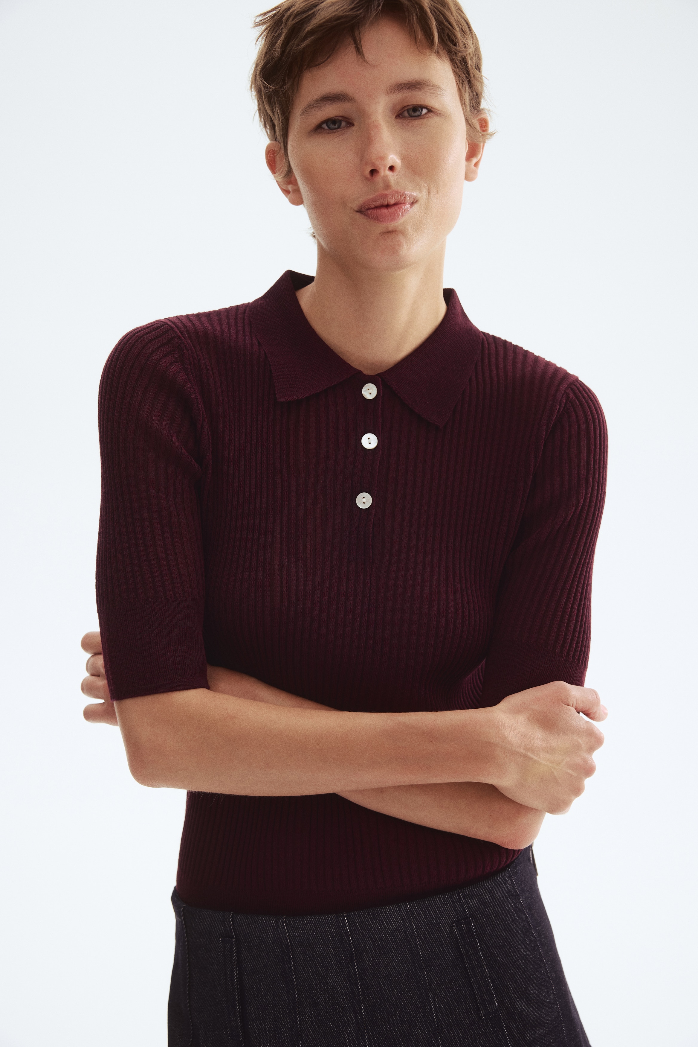 Rib-knit polo shirt - Vínová/Tmavě zelená khaki