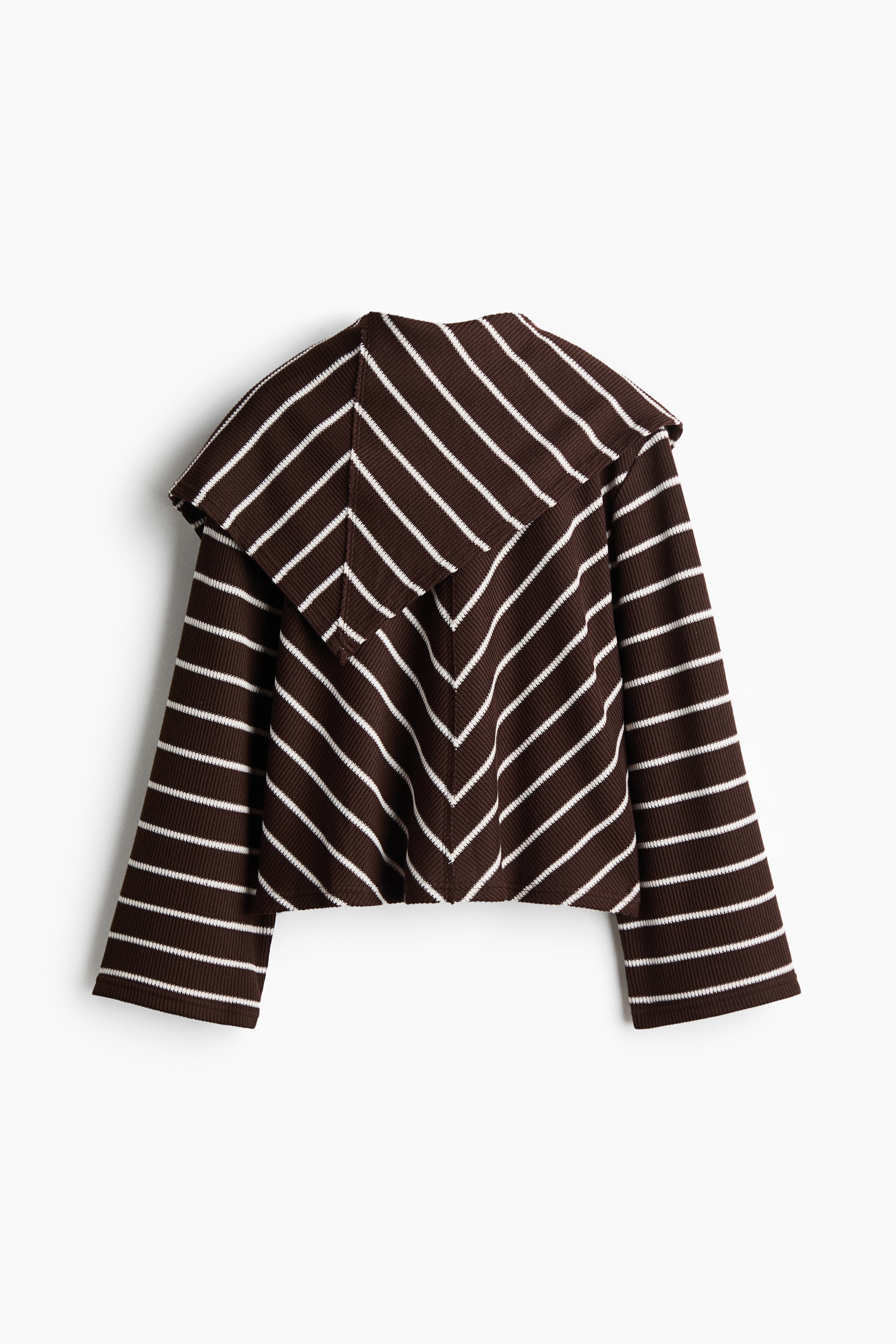 View larger image: A brown ribbed knit top is depicted from the back, showcasing white stripes and a wide, flat collar. The collar displays diagonal stripes forming a V-shape, while the long sleeves feature horizontal stripes and the bodice presents a chevron stripe pattern.