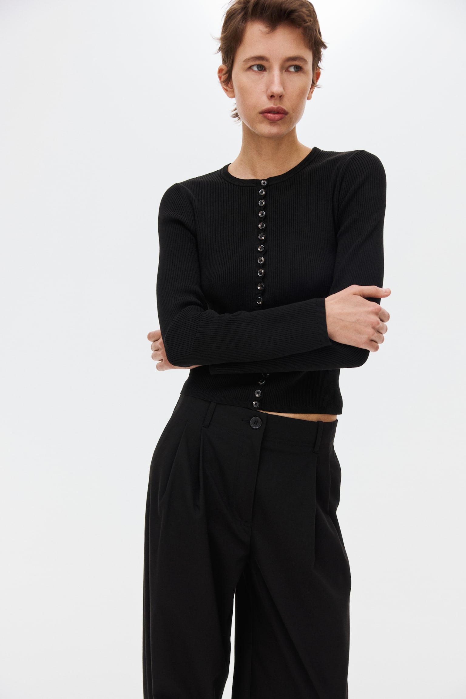 Ribbed Cardigan - Black/Brown - 6