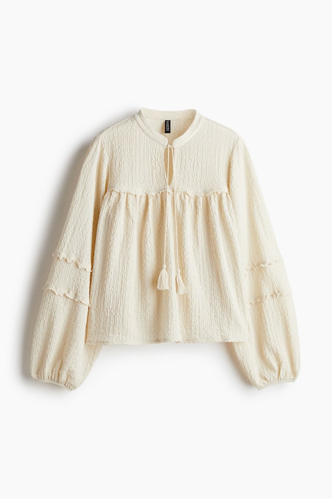 Crinkled jersey blouse - Cream/Dark brown - 1