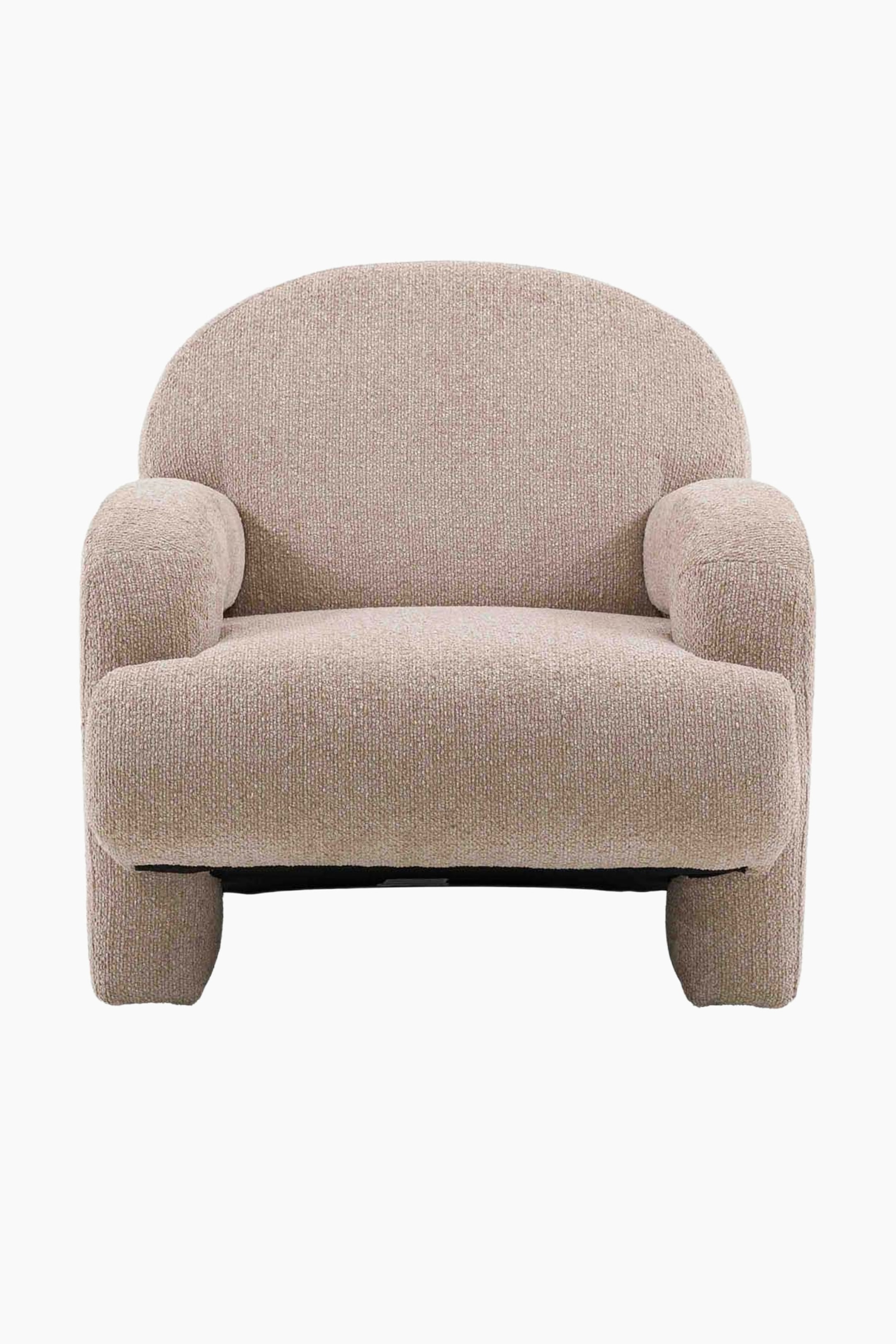View larger image: The armchair showcases a front-facing, rounded design, upholstered in a light beige textured fabric, featuring integrated, thick armrests, a curved backrest, and a recessed dark base.
