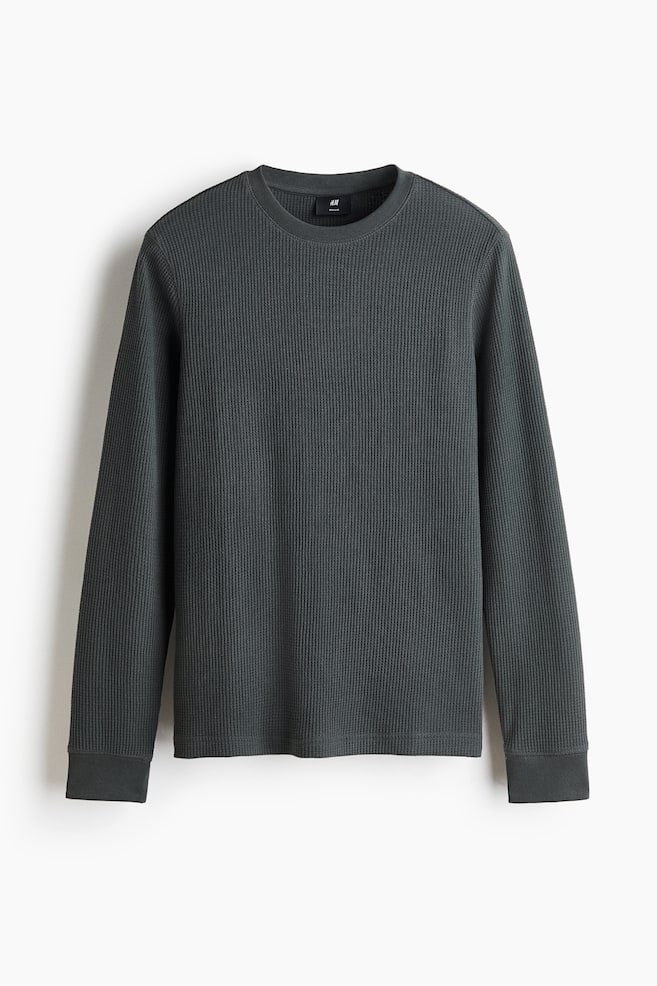 Regular Fit Waffled long-sleeved T-shirt - Mørkegrå/Lysegråmeleret/Creme/Sort - 1